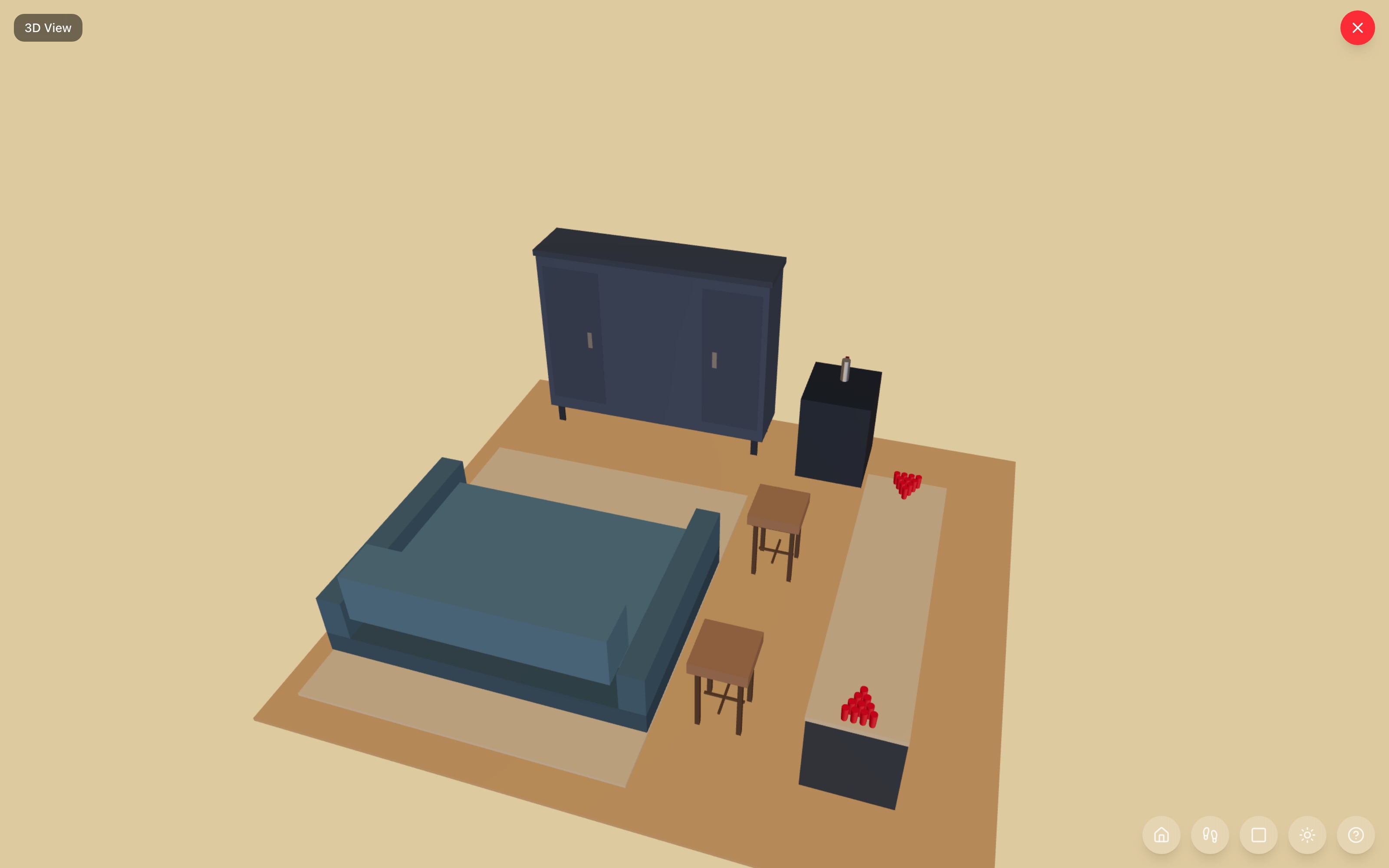 Game-day den in 3D: the 72-inch-tall entertainment center on the screen wall, L-sectional on the rug facing it, kegerator beside the screen, and the beer pong table with bar stools in its own lane along the right wall — RoomSketch3D room planner app