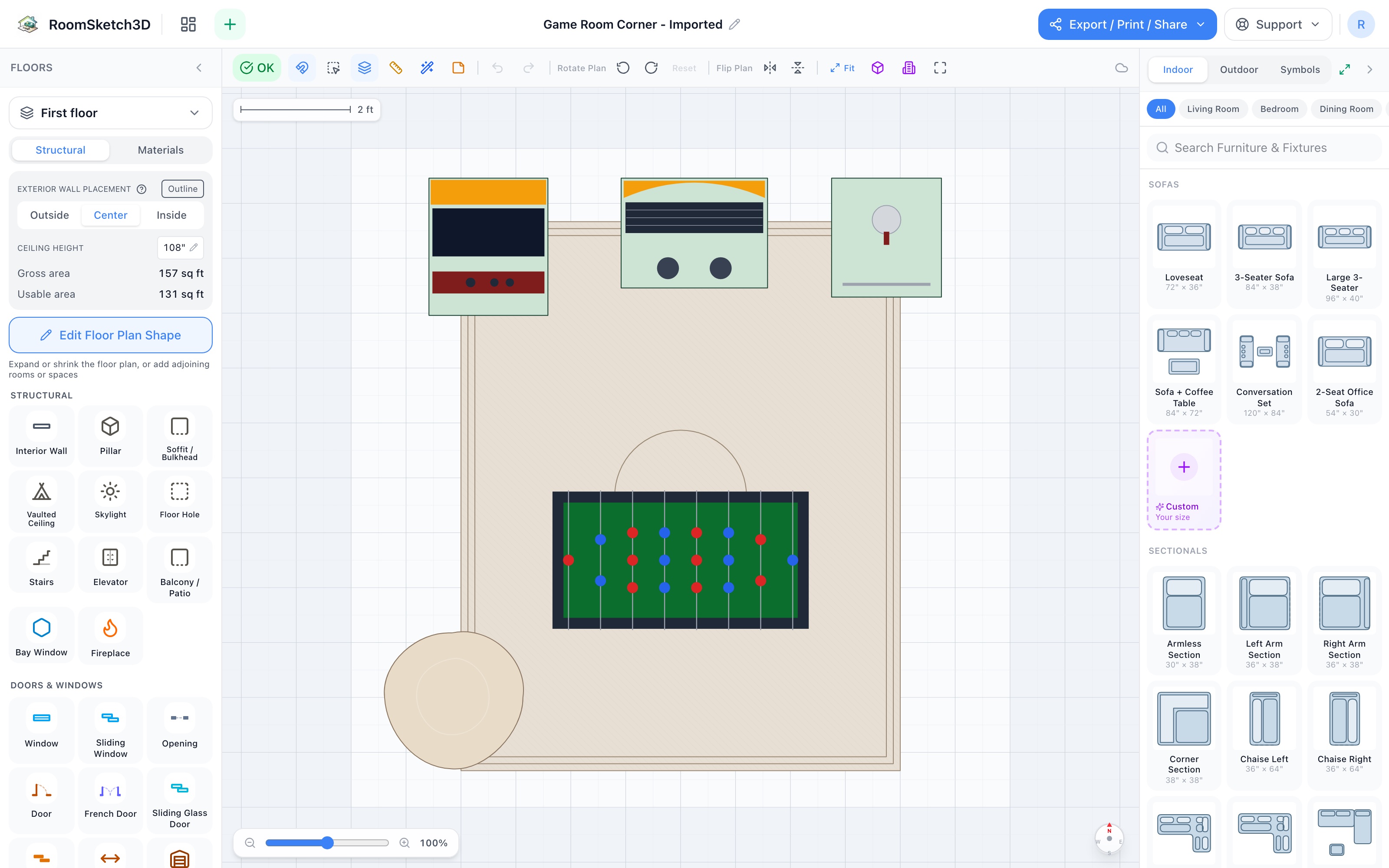 Game room corner floor plan in 2D: arcade cabinet, jukebox, and kegerator along the back wall, foosball table centre stage on an 8×10 rug, bean bag in the near corner — RoomSketch3D 3D floorplan software