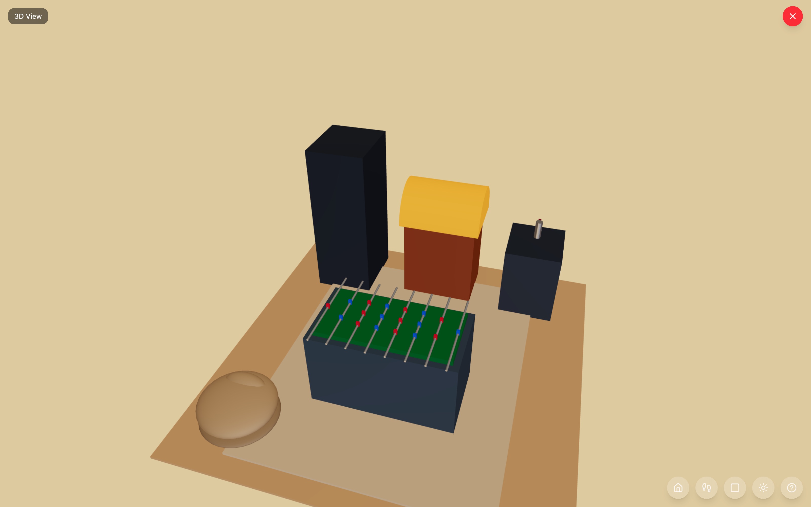 Game room corner in 3D: arcade cabinet, jukebox, and kegerator along the back wall, foosball table centre stage, small bean bag on an 8×10 rug — RoomSketch3D home design app