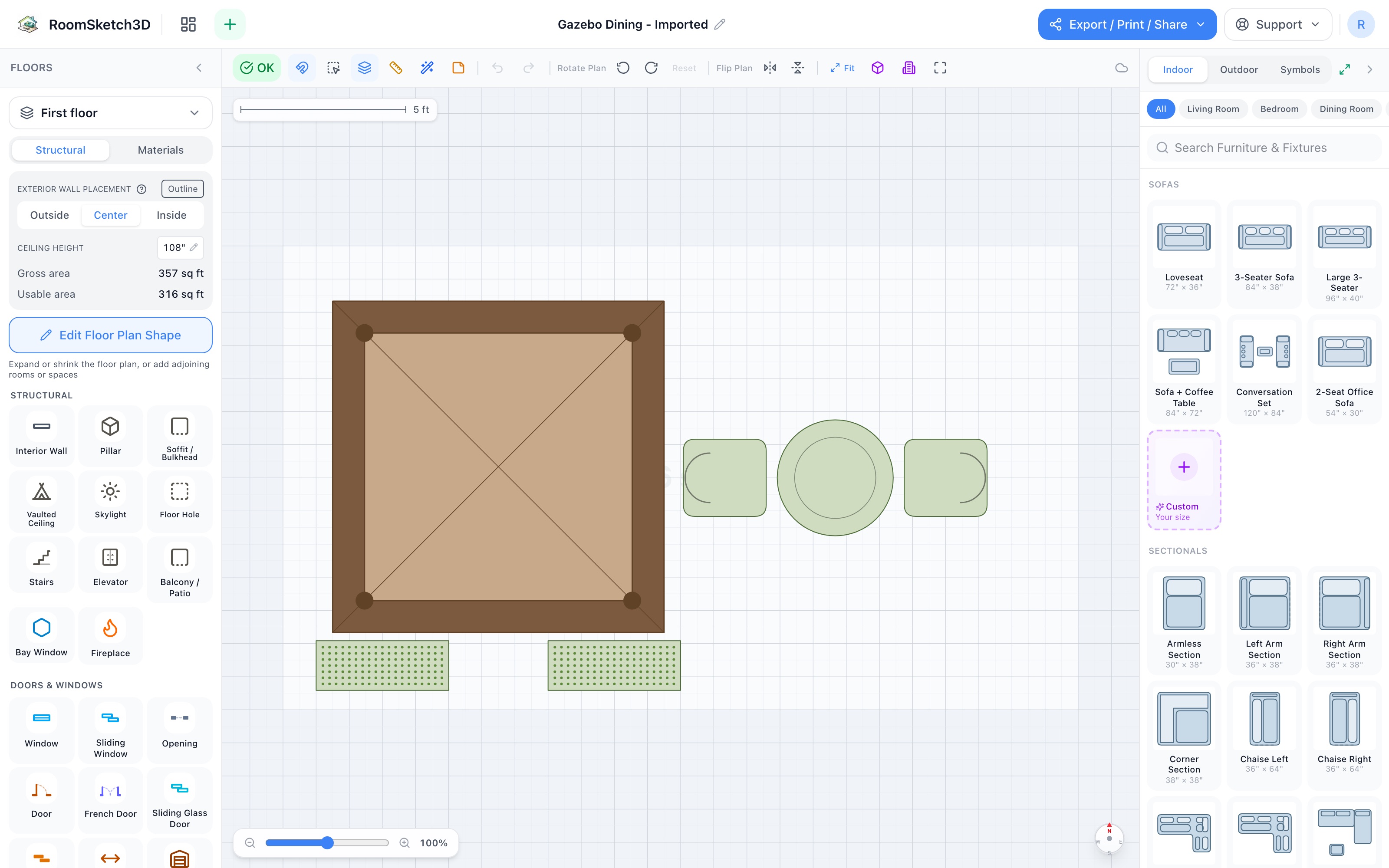 Gazebo dining floor plan in 2D: a 10-foot octagonal gazebo on the left half, a round patio table with two facing chairs on the terrace to its right, and two planter boxes along the bottom edge framing a 36-inch entrance path — RoomSketch3D floor planner