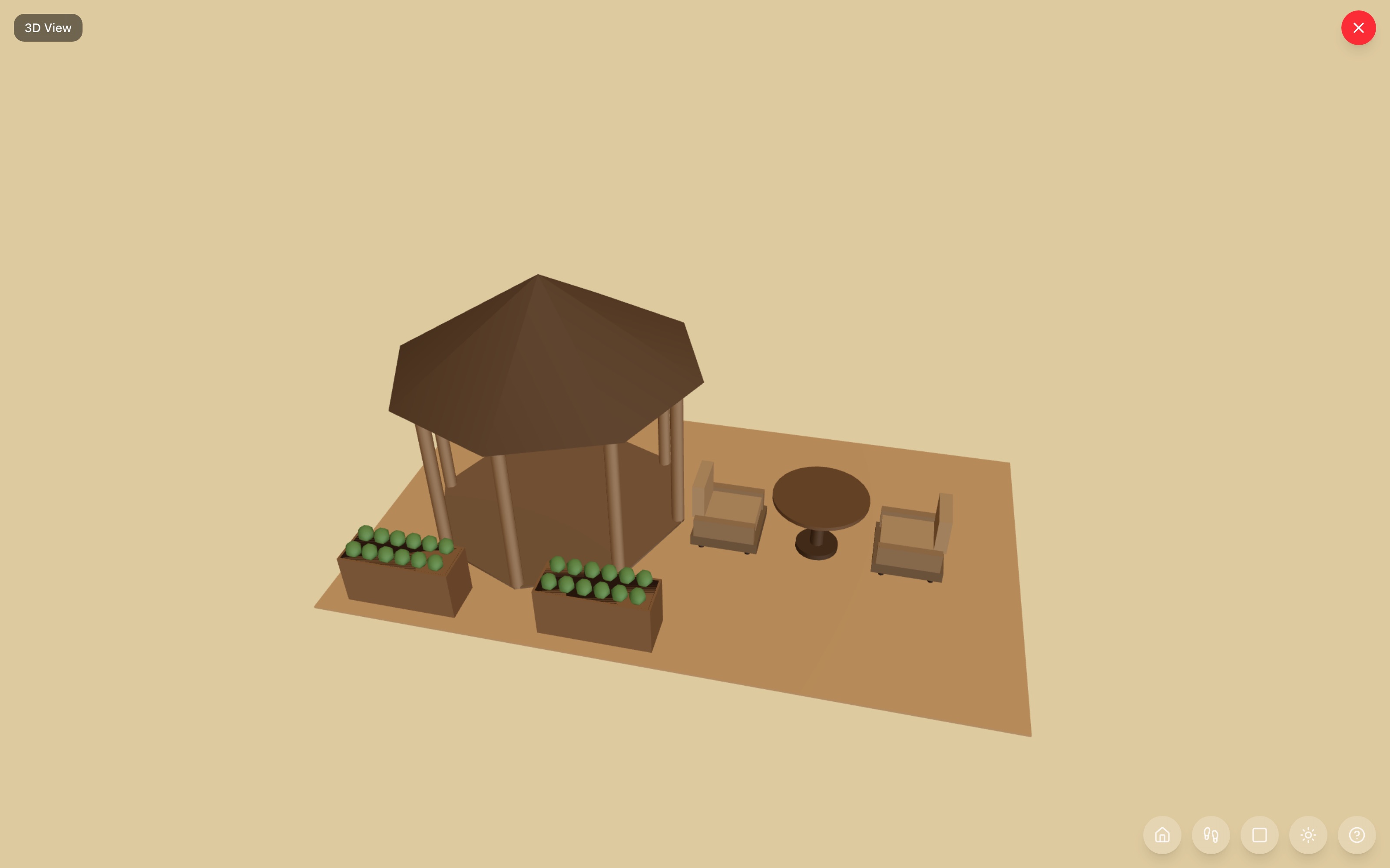 Gazebo dining scene in 3D: the 10-foot octagonal gazebo beside a round patio table with two facing chairs, and two planter boxes framing the entrance path in the foreground — RoomSketch3D 3D floorplan software