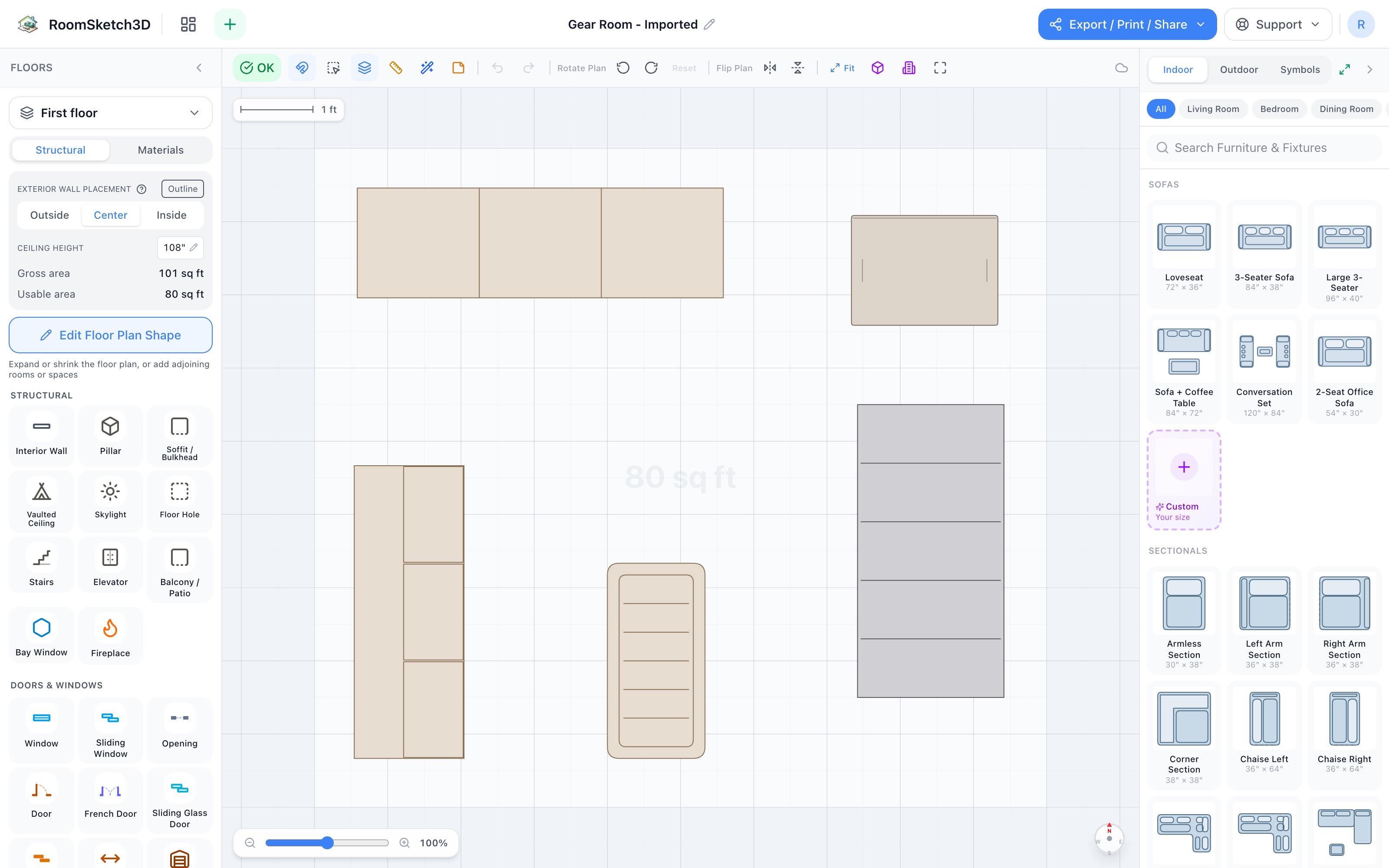 Gear room floor plan in 2D: mudroom lockers along the top wall, a four-bike rack on the right wall, a cubby bench on the left wall, a boot tray turned sideways at center-bottom, and a storage tote in the top-right corner — RoomSketch3D floor plan creator