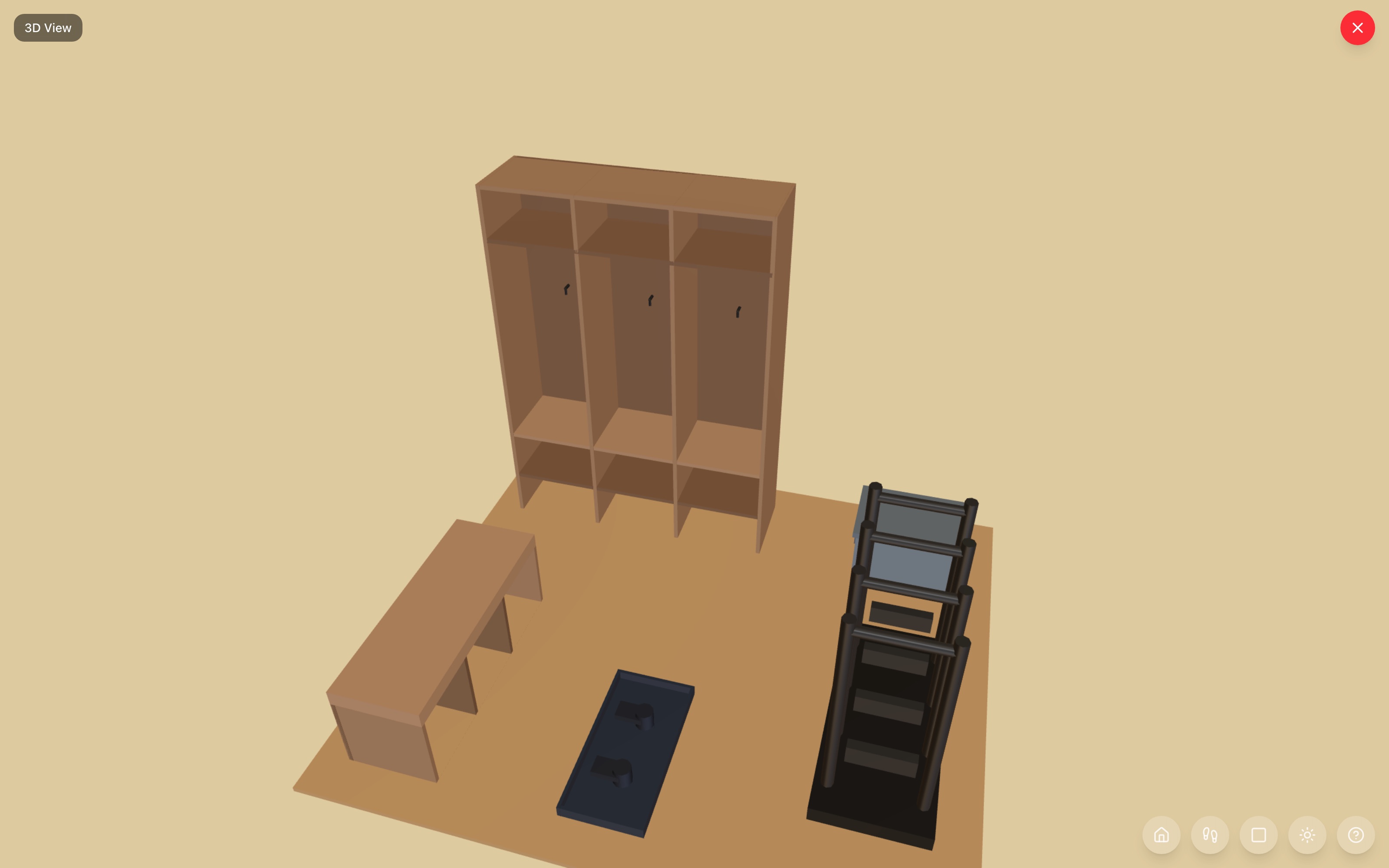 Gear room in 3D: tall mudroom lockers with open bays, four bikes on a wall rack, a cubby bench with a boot tray beside it, and a storage tote of balls in the corner — RoomSketch3D floor plan creator