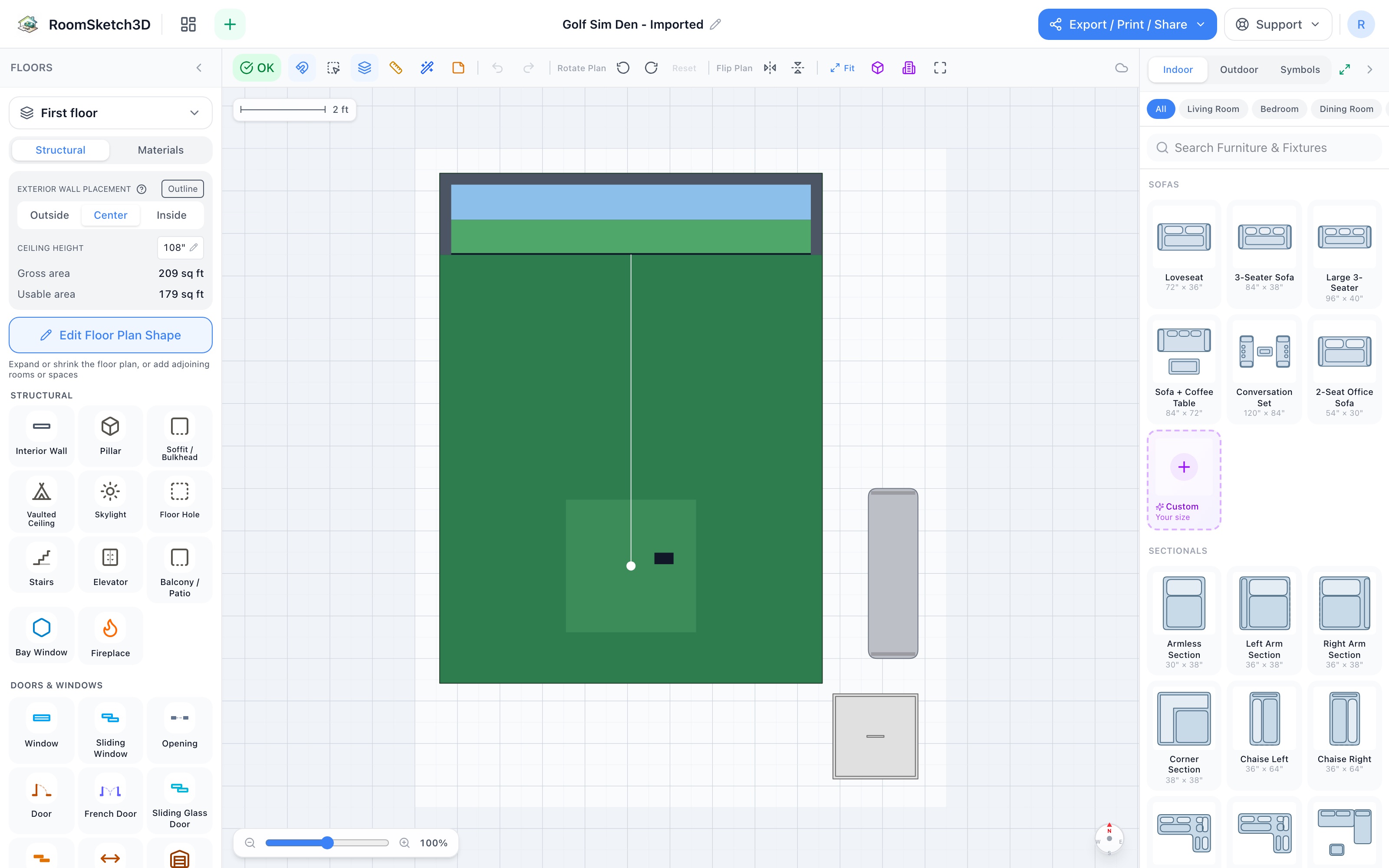 Golf sim den floor plan in 2D: the 9×12 simulator bay filling the left of the room, a flat bench along the right wall, and a mini fridge in the corner at the tee side — RoomSketch3D floor plan creator