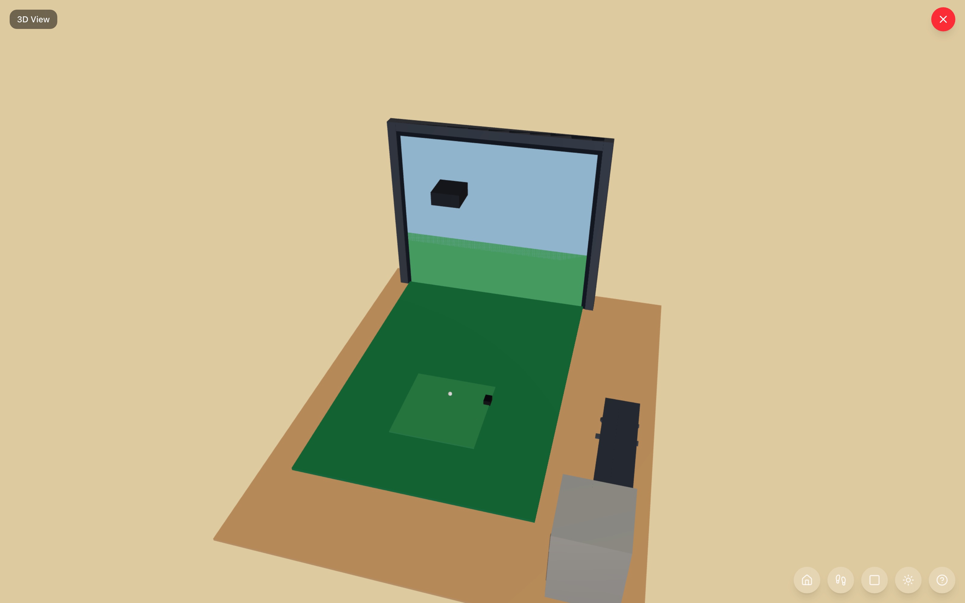 Golf sim den in 3D: the 102-inch-tall simulator bay with screen and mat, flat bench along the wall, and mini fridge in the corner at the tee side — RoomSketch3D home design app
