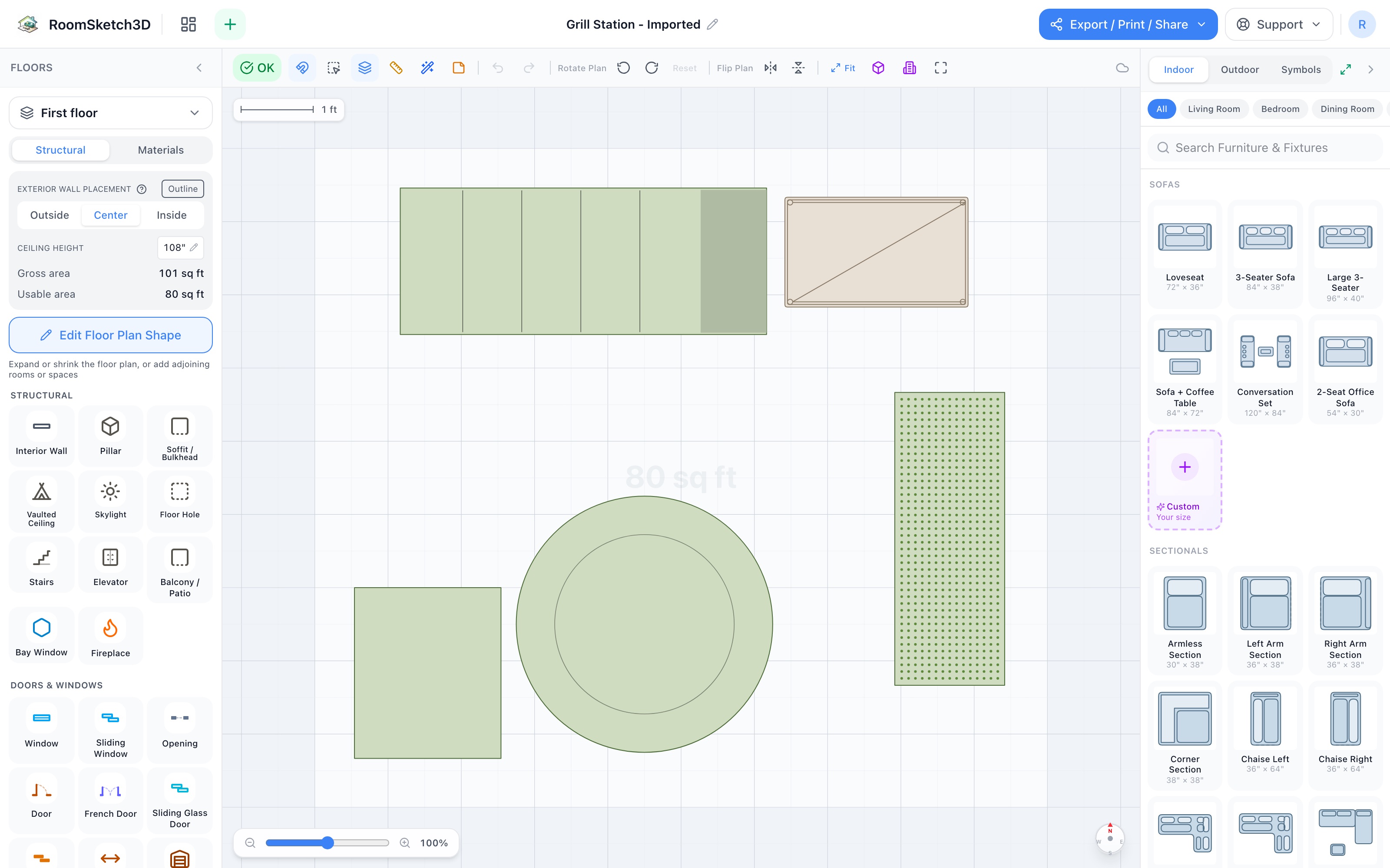 Grill station floor plan in 2D: a 60-inch grill and a rolling kitchen cart along the working edge, a round patio table in the serving half, a garbage cart in the downwind corner, and a planter box along the side — RoomSketch3D 3D floorplan software