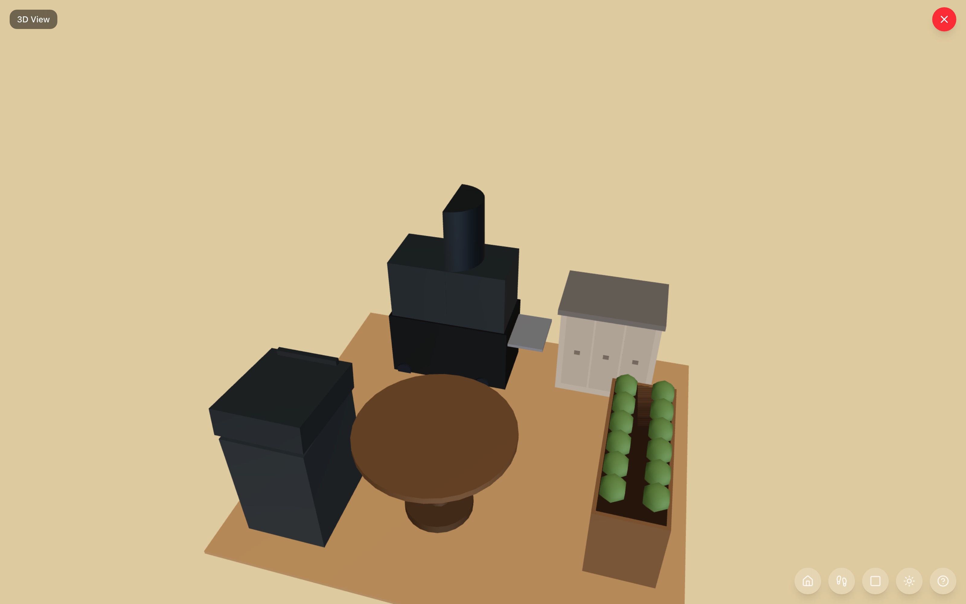 Grill station in 3D: grill and rolling kitchen cart side by side on the working edge, round patio table for serving, garbage cart in the corner, and a planter box of herbs along the edge — RoomSketch3D floor planner