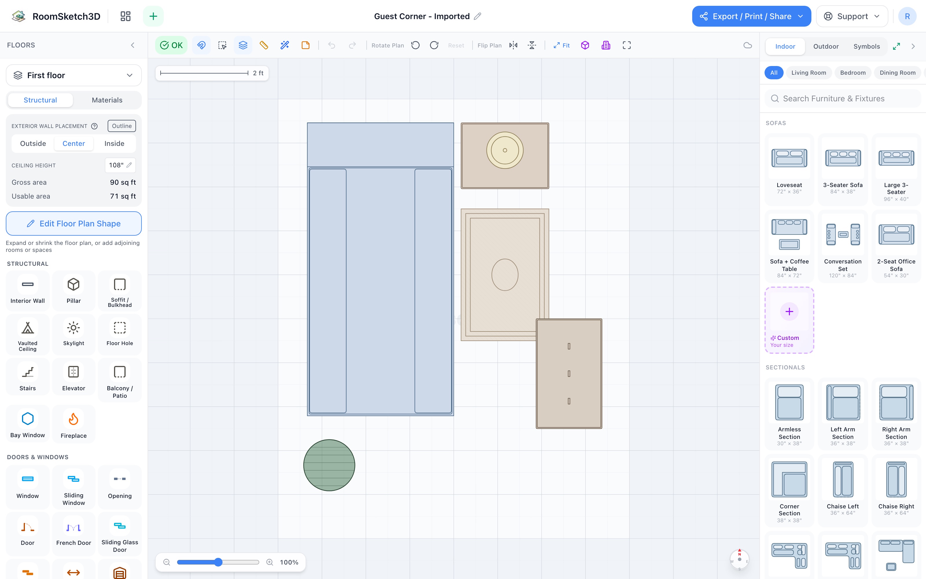 Guest corner floor plan in 2D: daybed along the left edge with its head at the top, nightstand and lamp at the head, dresser in the far corner, bedside rug beside the bed, plant in the near corner — RoomSketch3D room planner app