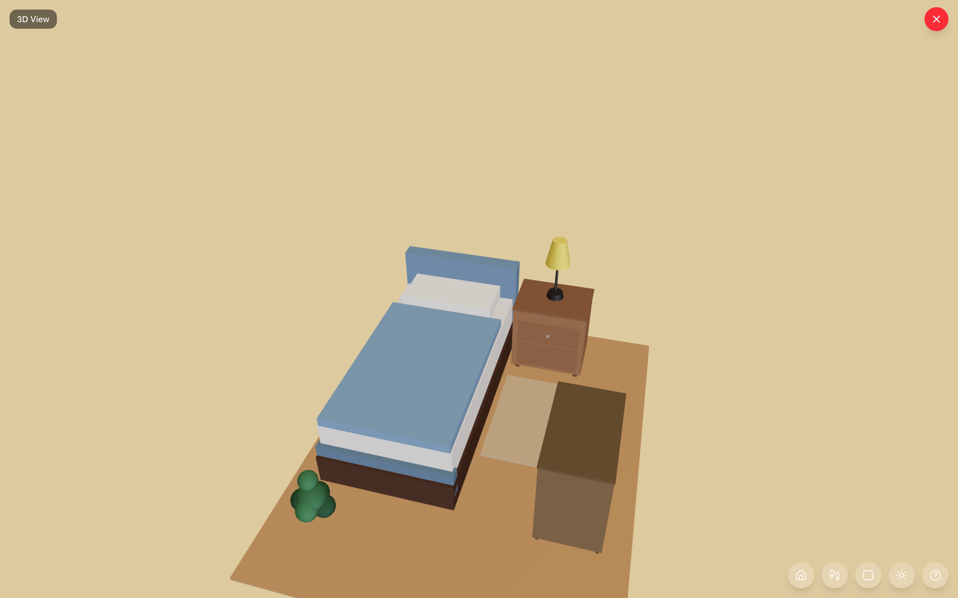 Guest corner in 3D: daybed with nightstand and bedside lamp at the head, 3-drawer dresser in the far corner, bedside rug, and a small plant — RoomSketch3D floor planner