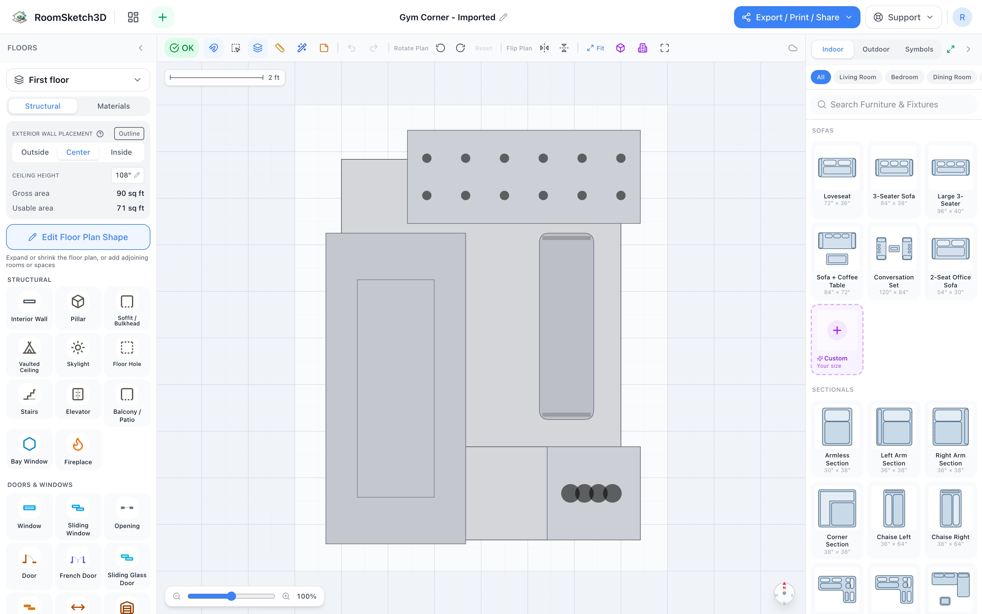 The gym corner floor plan in 2D: rubber stall mat with a treadmill down the left, dumbbell rack on the far edge, flat bench center-right, yoga mat across the bottom, and a vertical dumbbell stand in the corner — RoomSketch3D room planner app