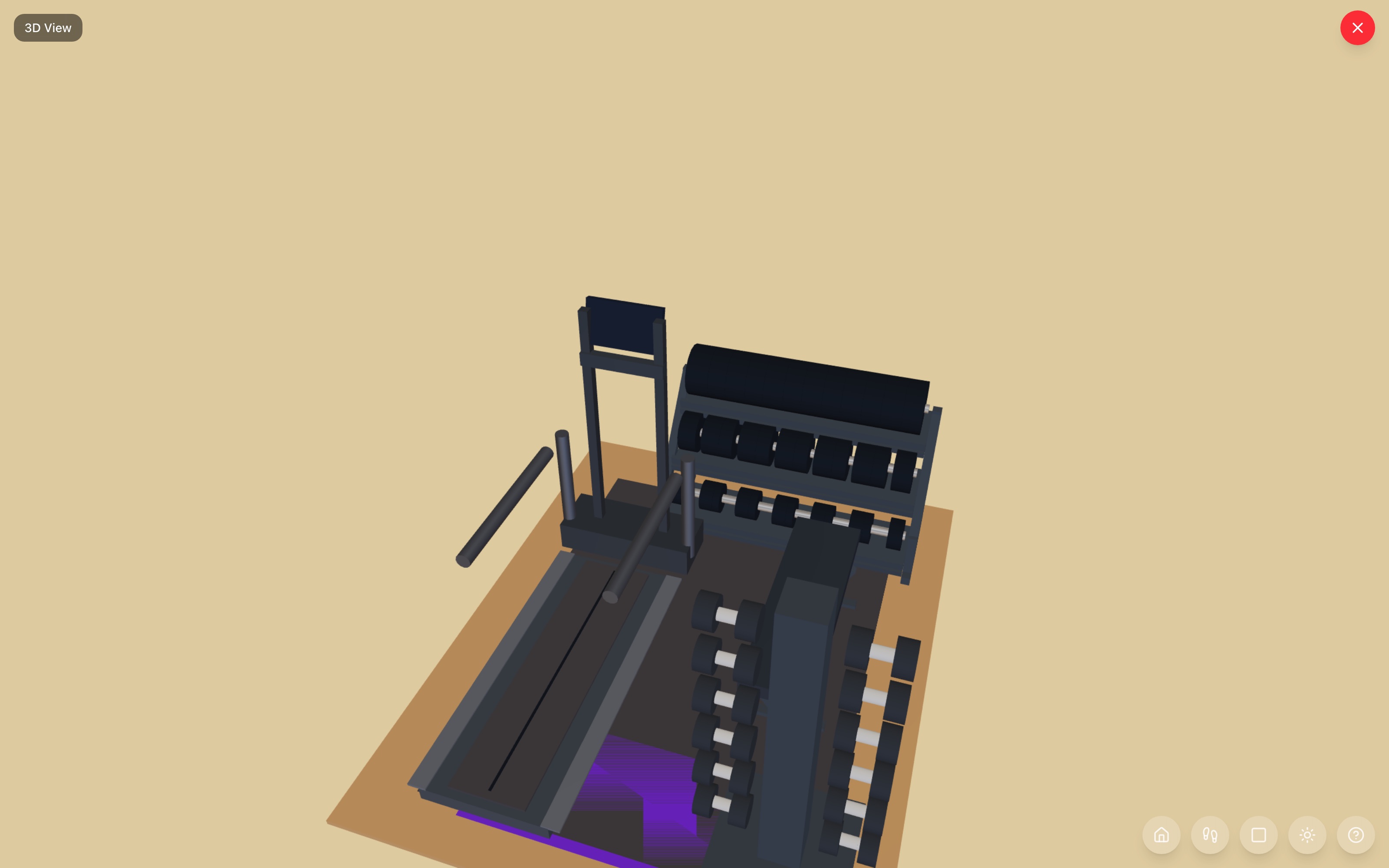 The gym corner in 3D: dumbbell rack facing the room, treadmill on the left, flat bench with clear space around it, yoga mat and vertical dumbbell stand on a rubber stall mat — RoomSketch3D home design app