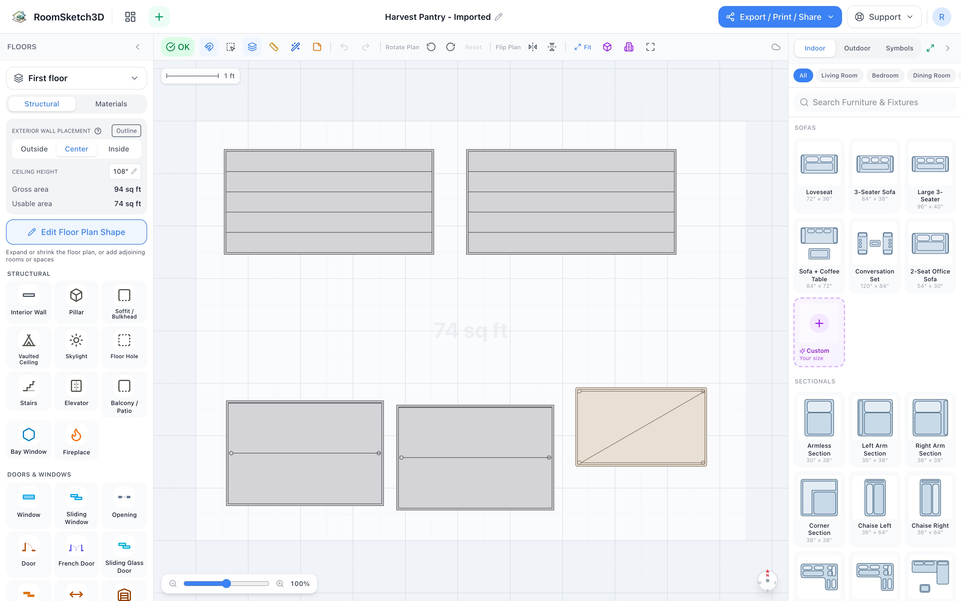 Harvest pantry floor plan in 2D: two 48-inch five-tier shelves side by side across the top wall, two large storage bins along the bottom, and a kitchen cart parked on the right, with a clear aisle between shelves and bins — RoomSketch3D floor plan creator