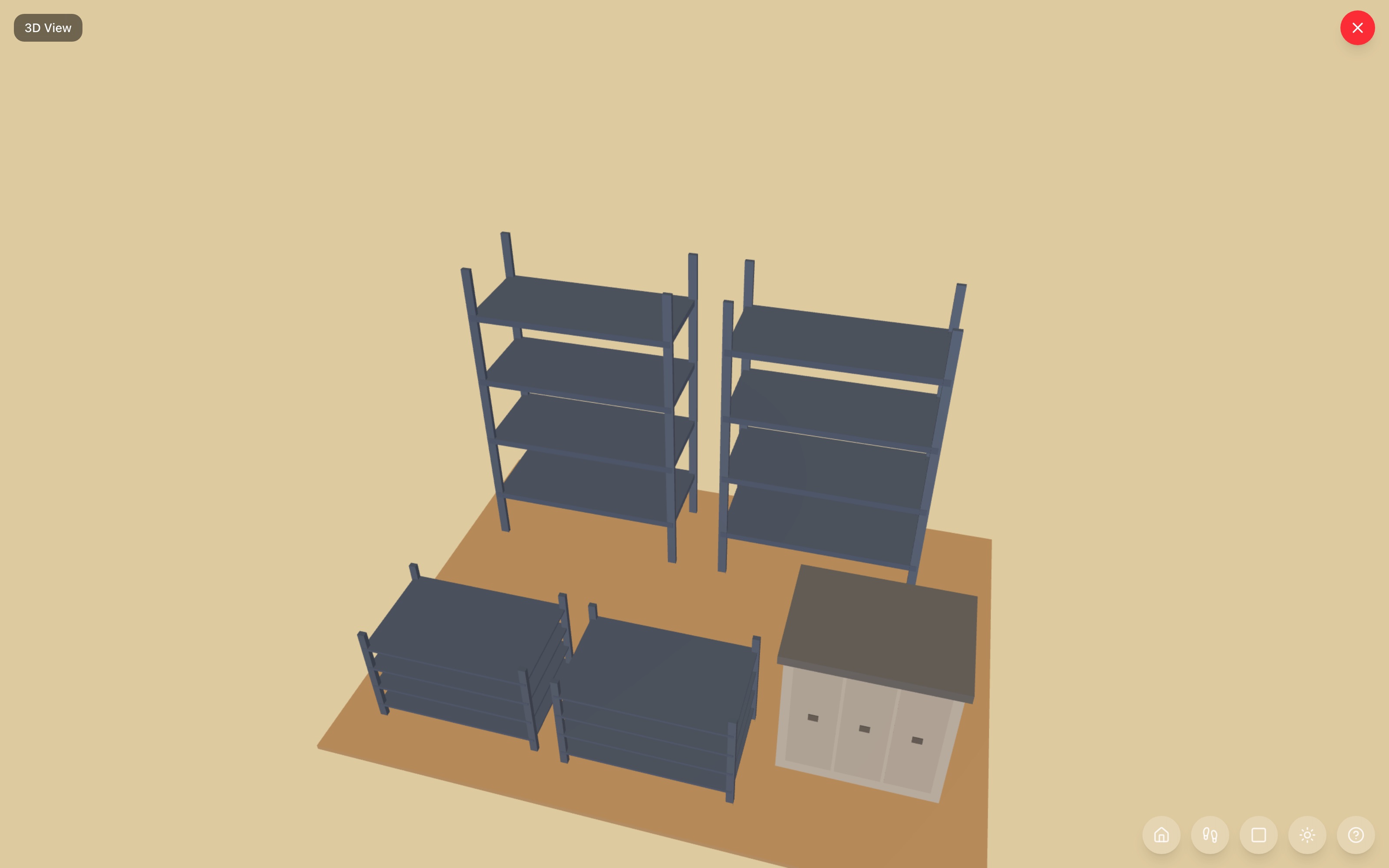 Harvest pantry in 3D: two six-foot five-tier shelves loaded along one wall, two large storage bins on the floor opposite, and a rolling kitchen cart parked on the right side — RoomSketch3D 3D floorplan software