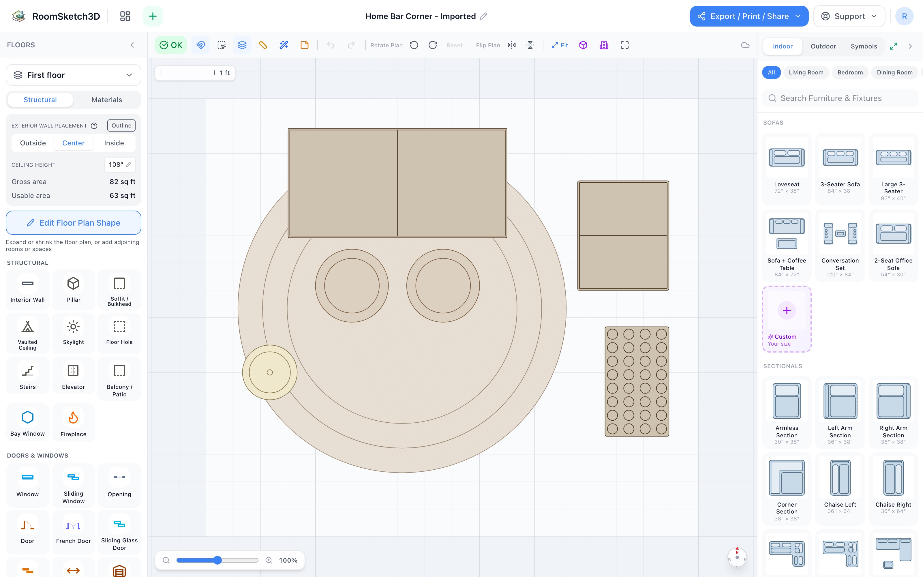 Home bar corner floor plan in 2D: bar unit with two stools on a round rug, wine cabinet and wine rack along the right edge, floor lamp in the left corner — RoomSketch3D floor planner