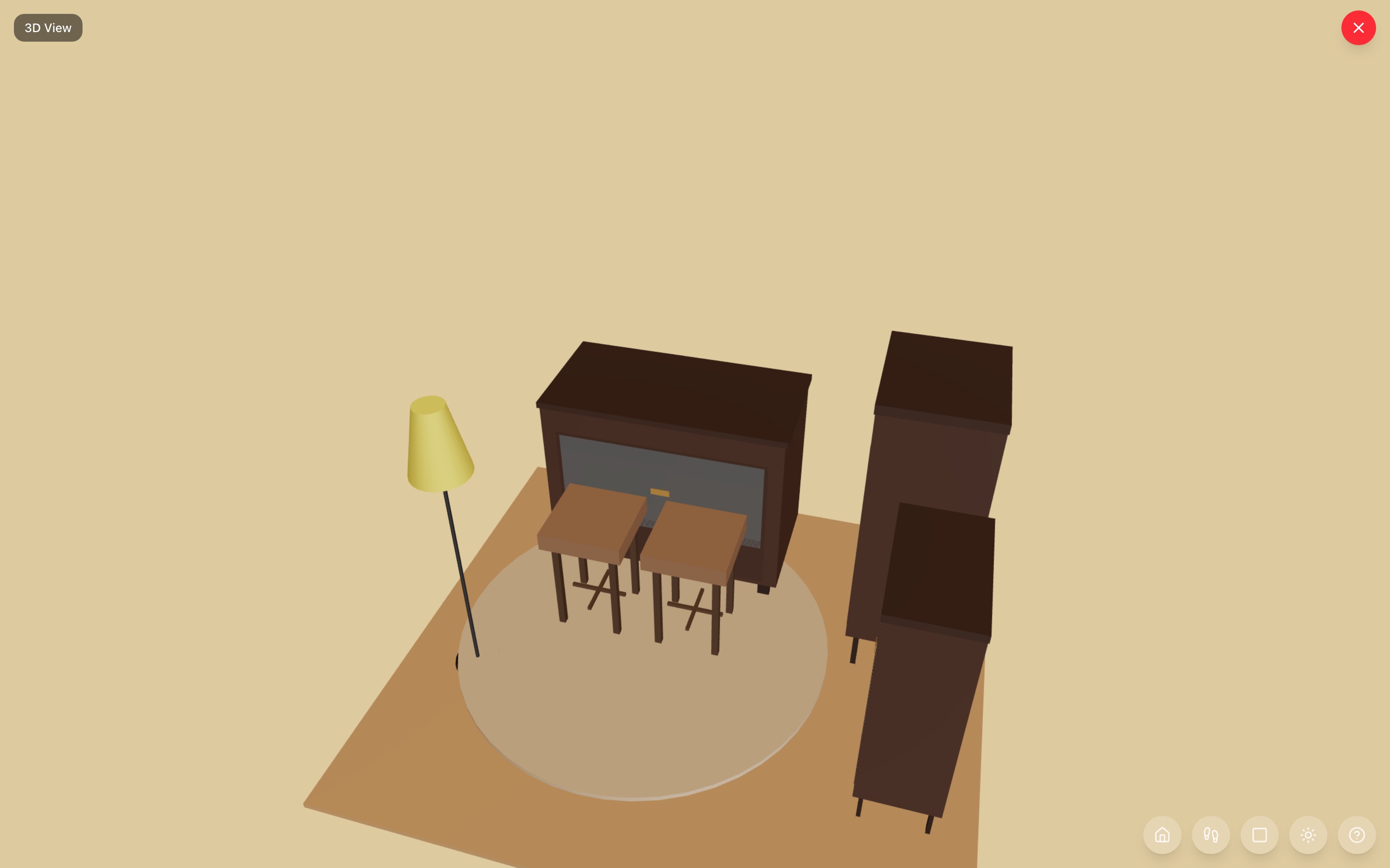 The home bar corner in 3D: bar unit with two stools on a round rug, wine cabinet and 36-bottle wine rack behind, floor lamp glowing in the corner — RoomSketch3D floor plan creator