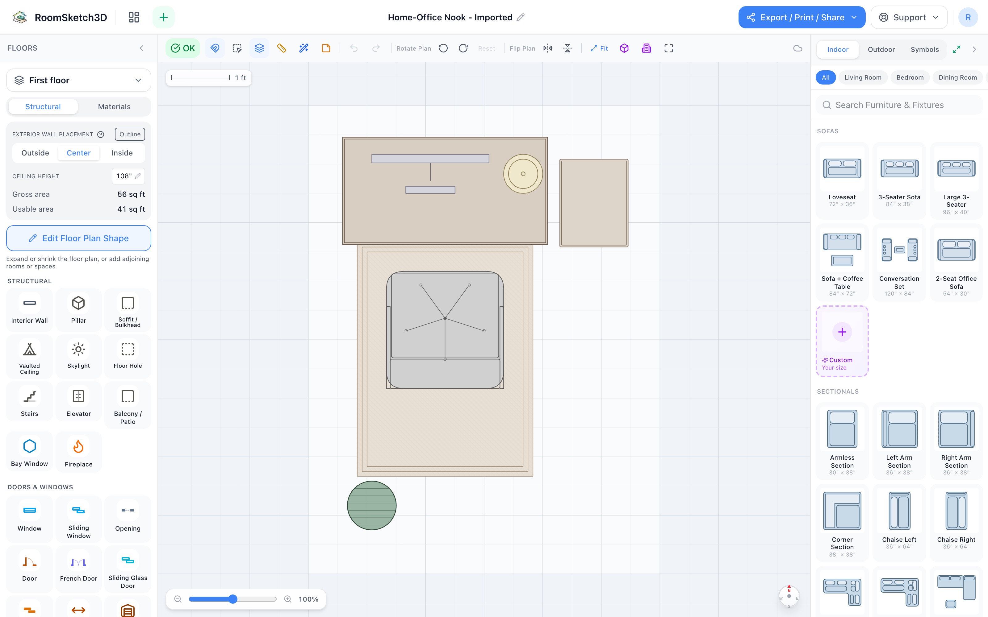 Home-office nook floor plan: writing desk with monitor and lamp, office chair on a chair mat, narrow cabinet beside the desk, plant in the corner — RoomSketch3D 3D floorplan software