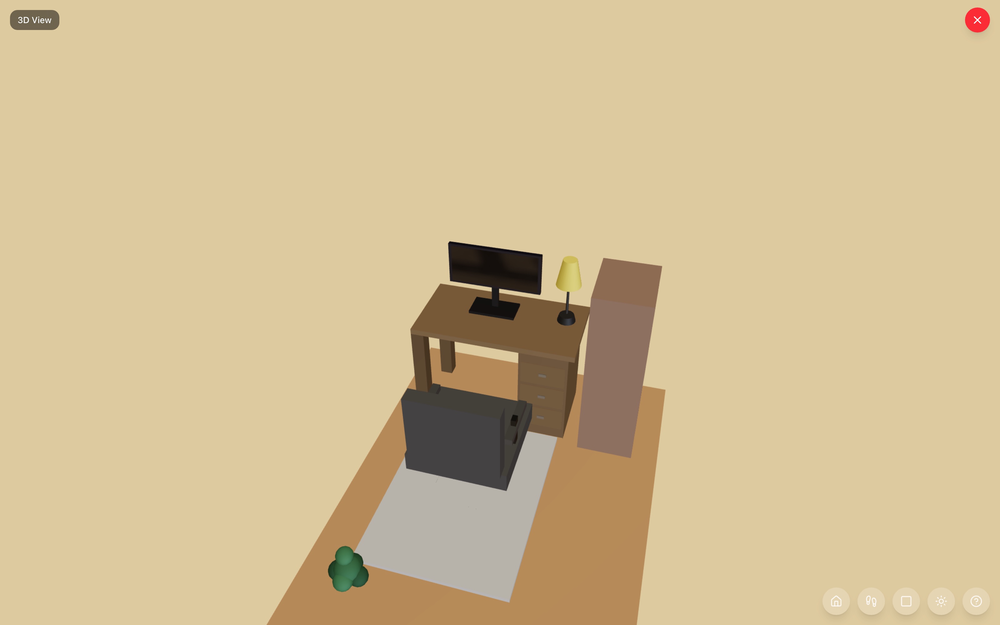 Home-office nook in 3D: desk with 27-inch monitor and lamp, office chair on a mat, narrow cabinet, small plant — RoomSketch3D 3D floorplan software