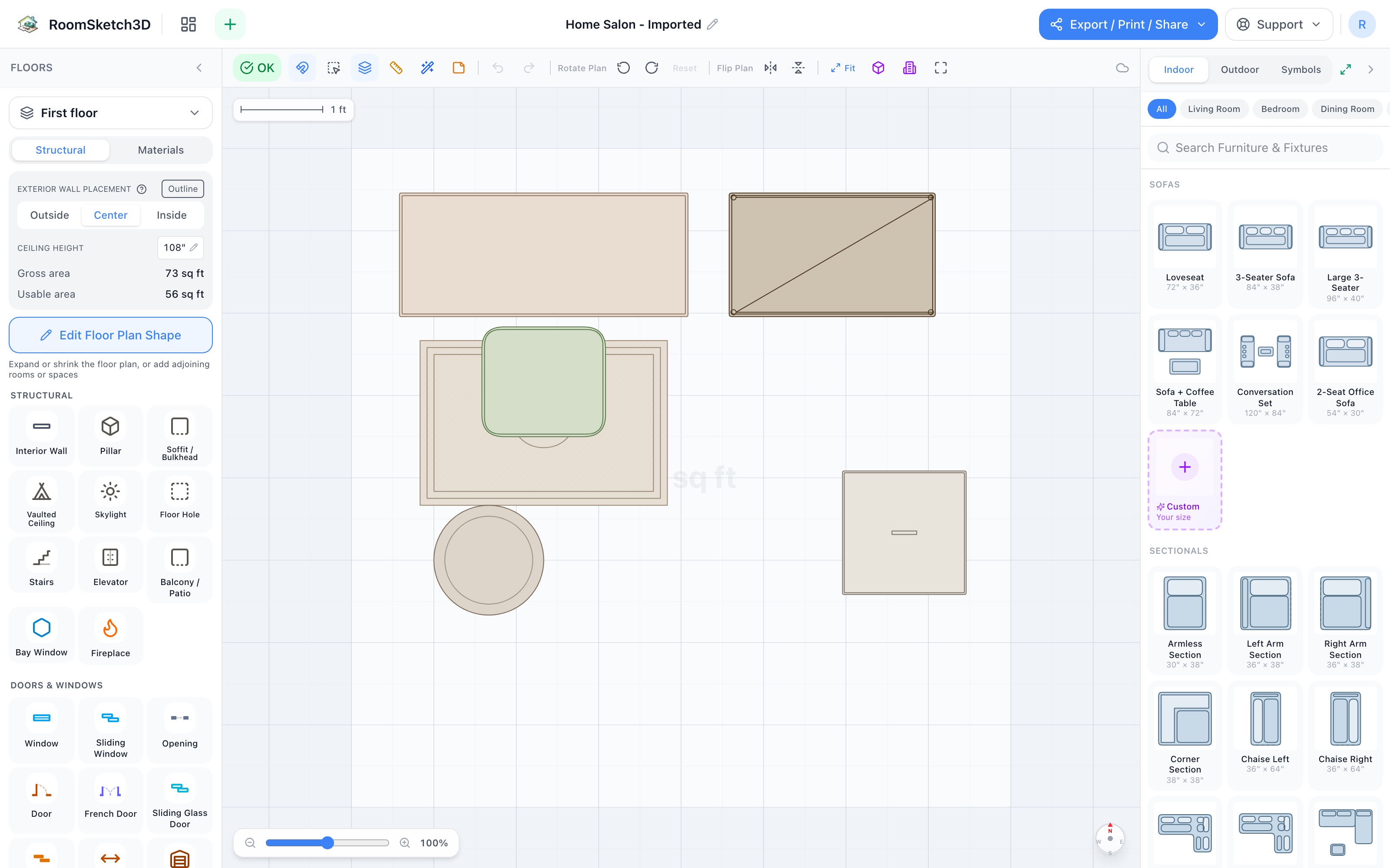 Home salon floor plan in 2D: vanity table centered on the top edge, vanity stool on a 2×3 rug pulled slightly out, bar cart at the vanity's left end, hamper cabinet and storage basket along the right edge — RoomSketch3D home design app