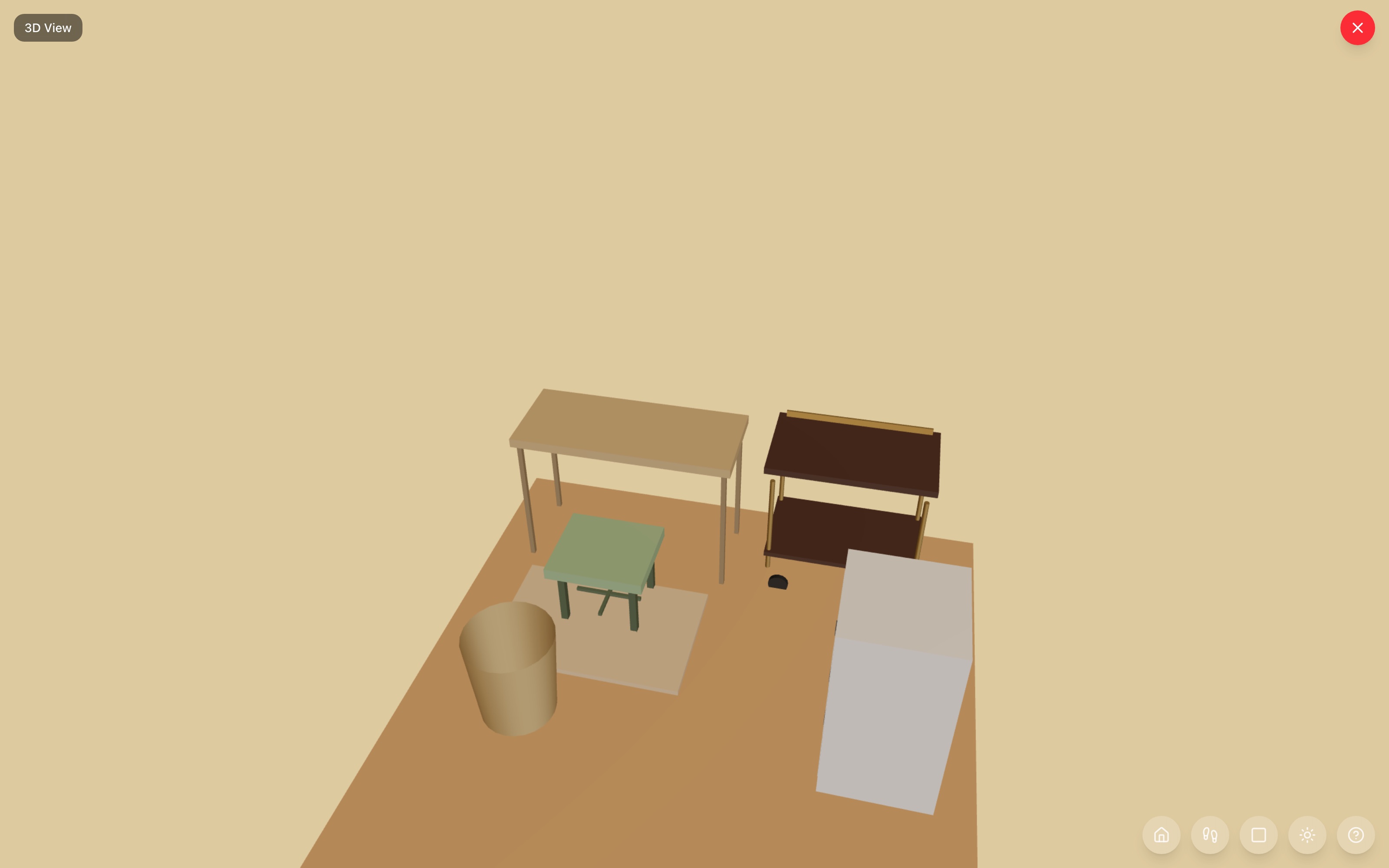 Home salon corner in 3D: vanity table as the station counter, vanity stool on a small rug with open floor on three sides, bar cart with tools at the vanity's end, hamper cabinet and storage basket along the right edge — RoomSketch3D floor plan creator