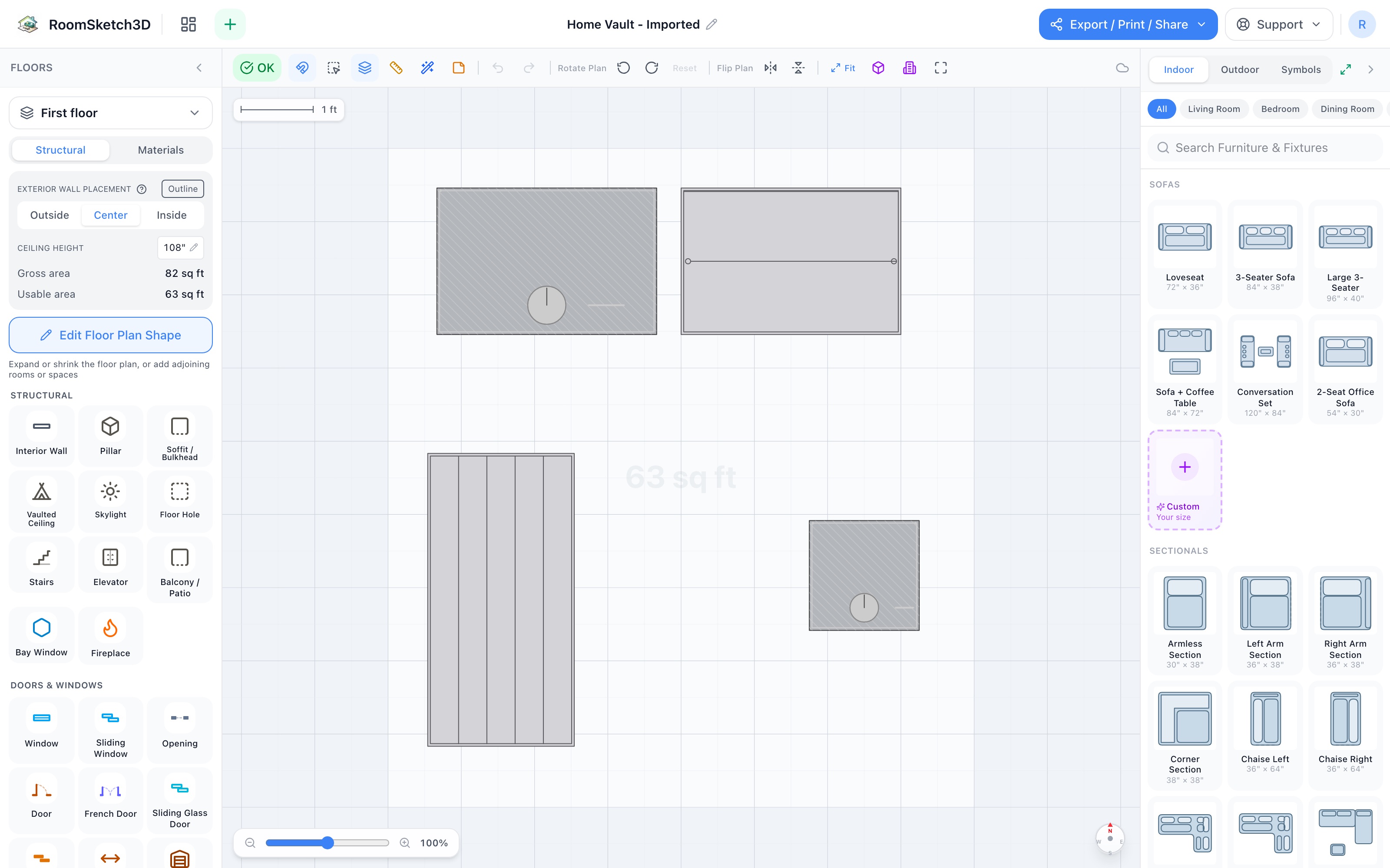 Home vault closet floor plan in 2D: standard safe and tall cabinet side by side on the top wall, a 5-tier shelf along the left wall, and a small floor safe in the bottom-right corner — RoomSketch3D floor planner