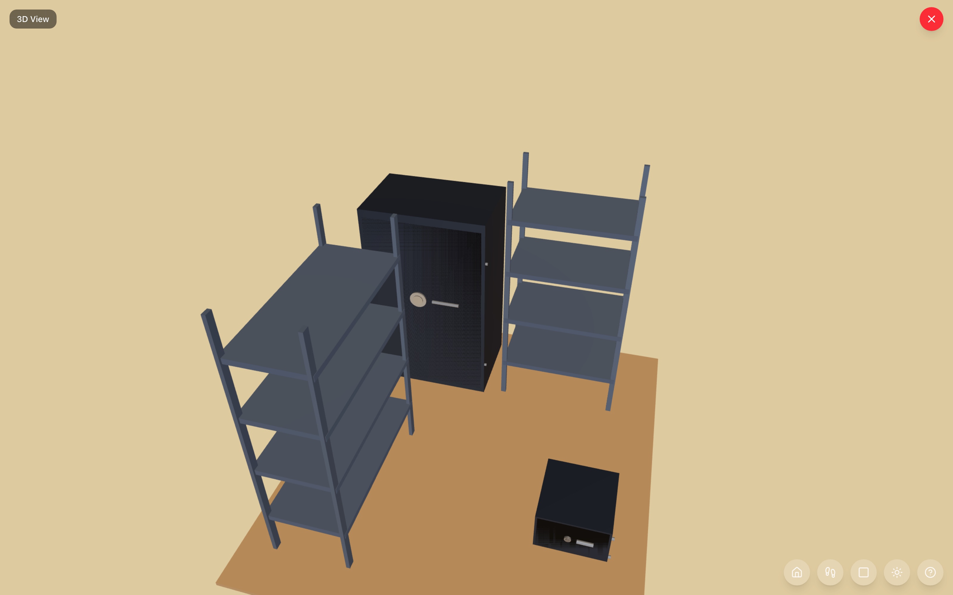 Home vault closet in 3D: 60-inch standard safe and 72-inch tall cabinet on the back wall, 5-tier shelf along the left wall, low floor safe in the opposite corner — RoomSketch3D room planner app