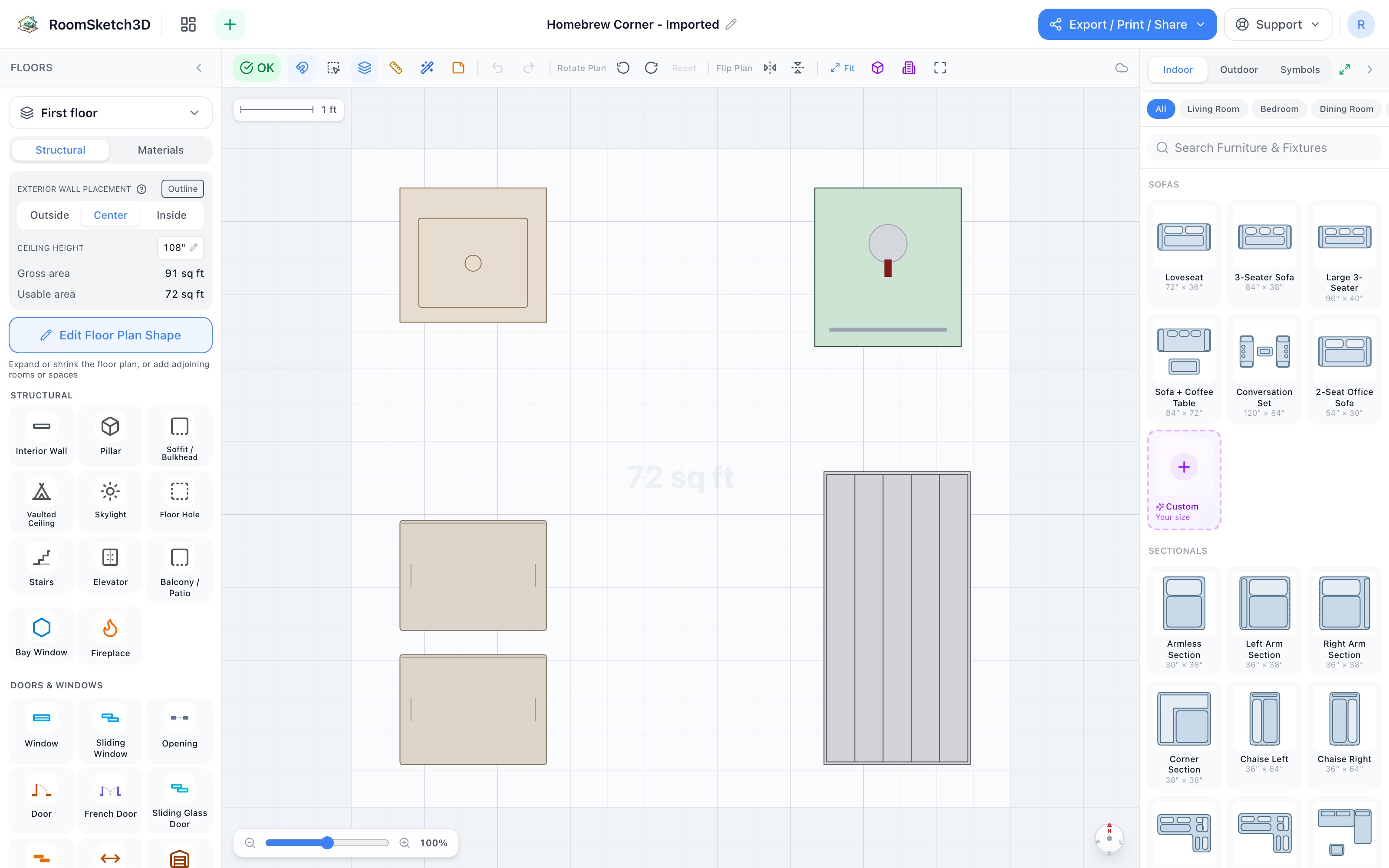 Homebrew corner floor plan in 2D: utility sink in the top-left corner, kegerator in the top-right, a 5-tier shelf along the right wall, two storage totes on the left wall, and an open square of floor in the middle — RoomSketch3D floor plan creator