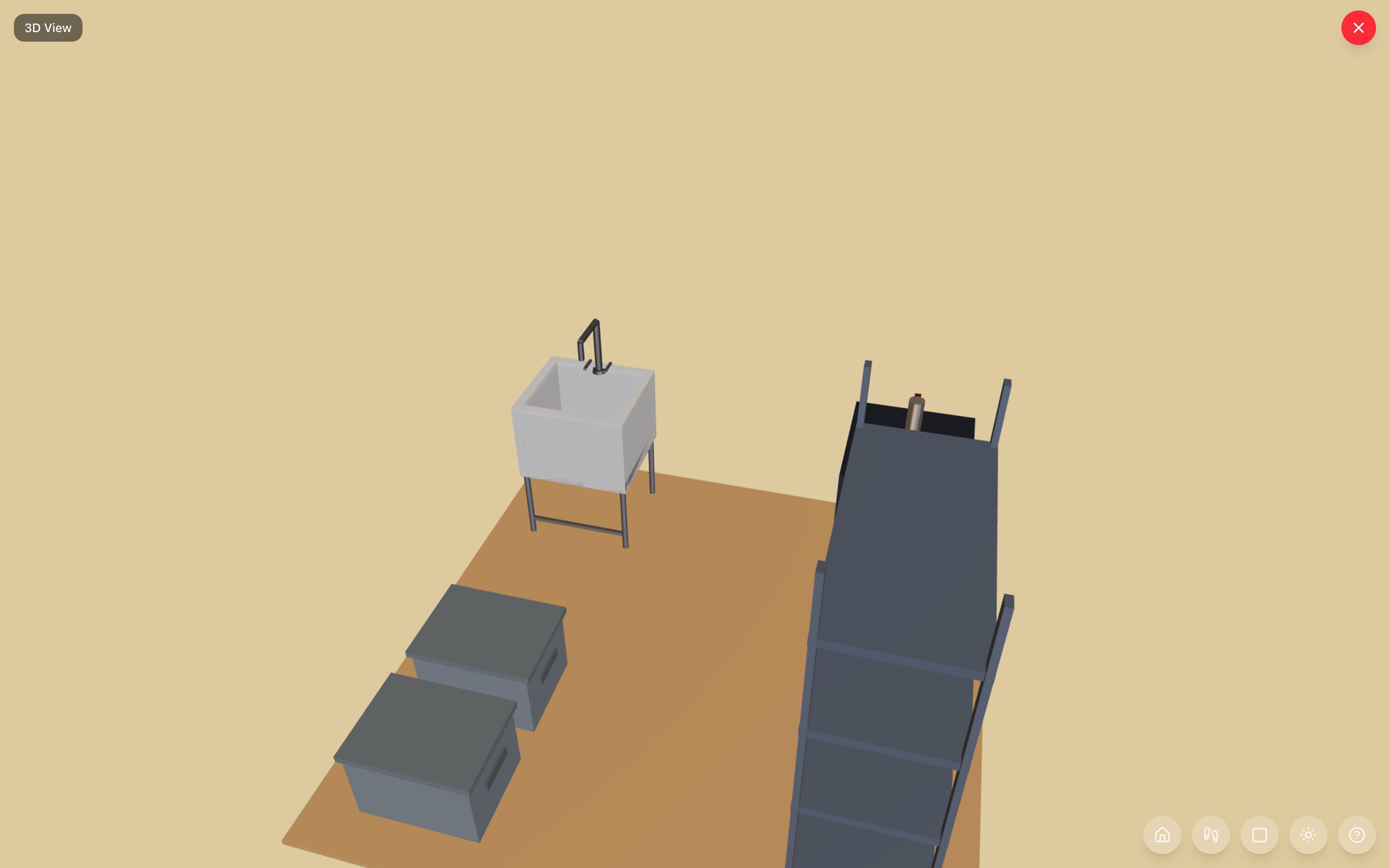 Homebrew corner in 3D: a deep utility sink and kegerator holding the two top corners, a 72-inch 5-tier shelf loaded along the right wall, storage totes on the left, and open floor in the middle of the 9×9 bay — RoomSketch3D home design app