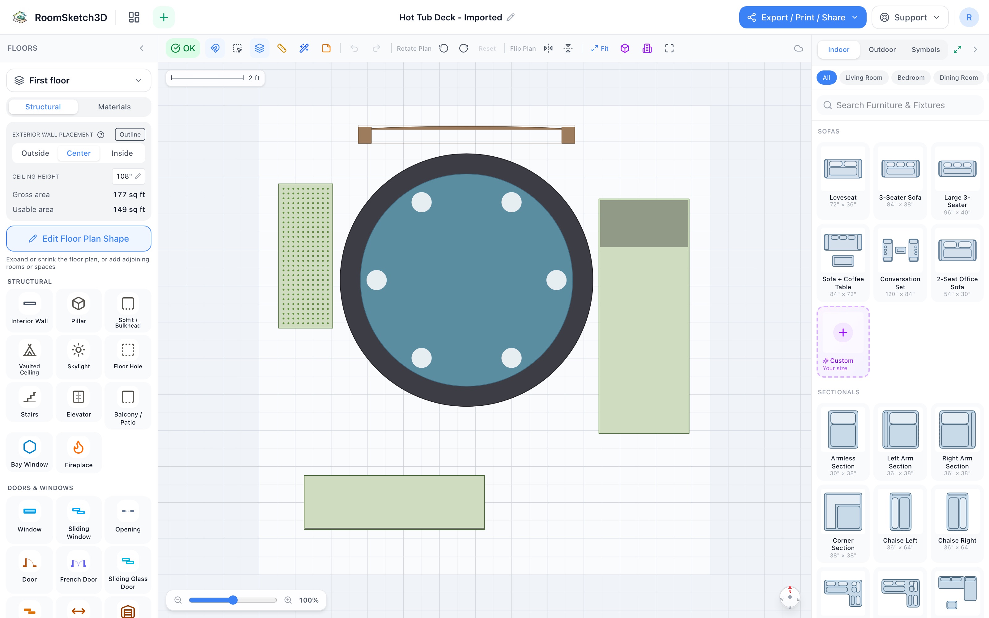 Hot tub deck floor plan in 2D: a 7-foot round hot tub with a trellis panel behind it, a patio lounger on the right edge, a garden bench along the bottom, and a planter box on the left — RoomSketch3D 3D floorplan software