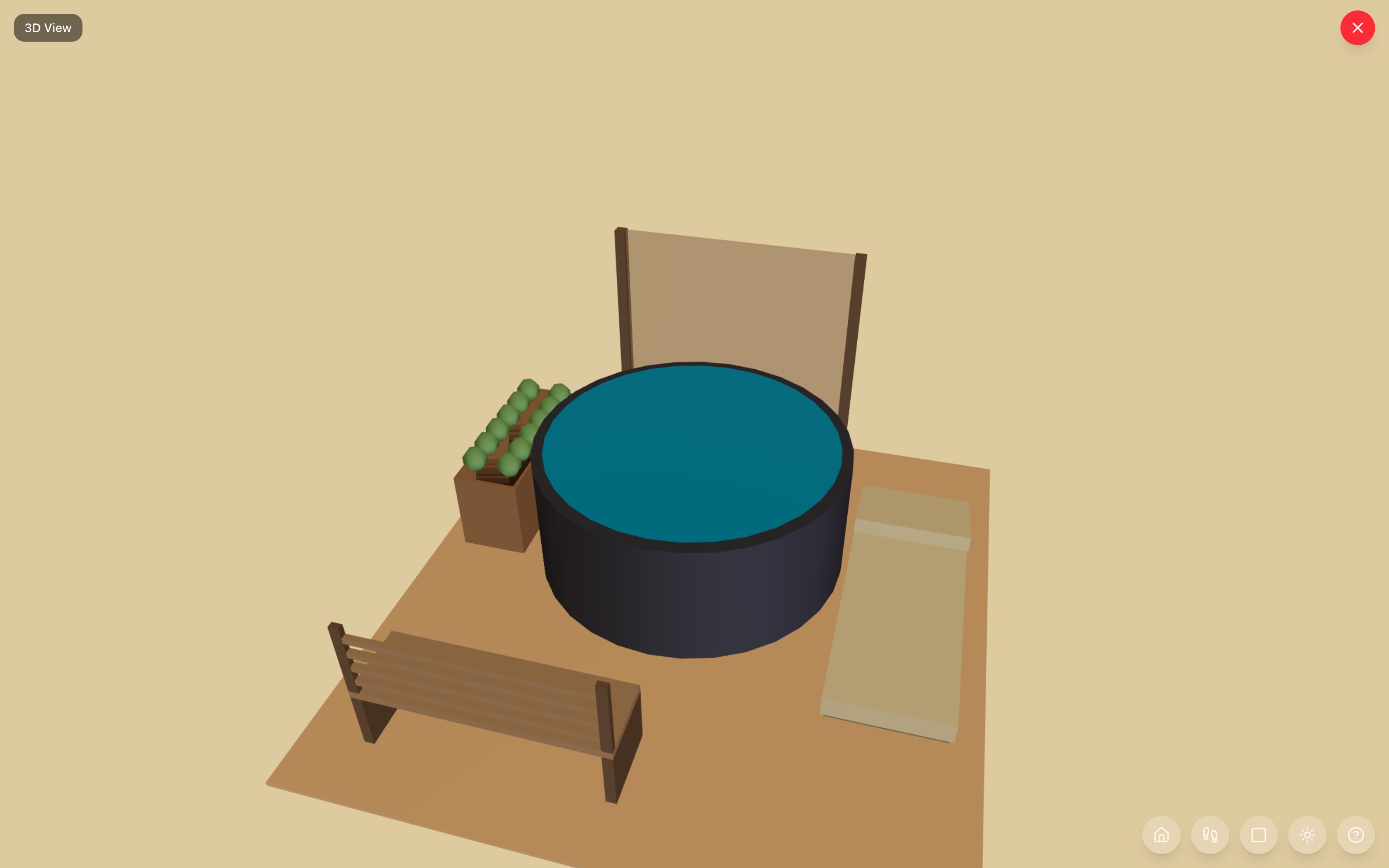 Hot tub deck in 3D: a round hot tub with a tall trellis panel behind it, a patio lounger beside it, a garden bench facing the tub, and a large planter box on the edge — RoomSketch3D 3D floorplan software