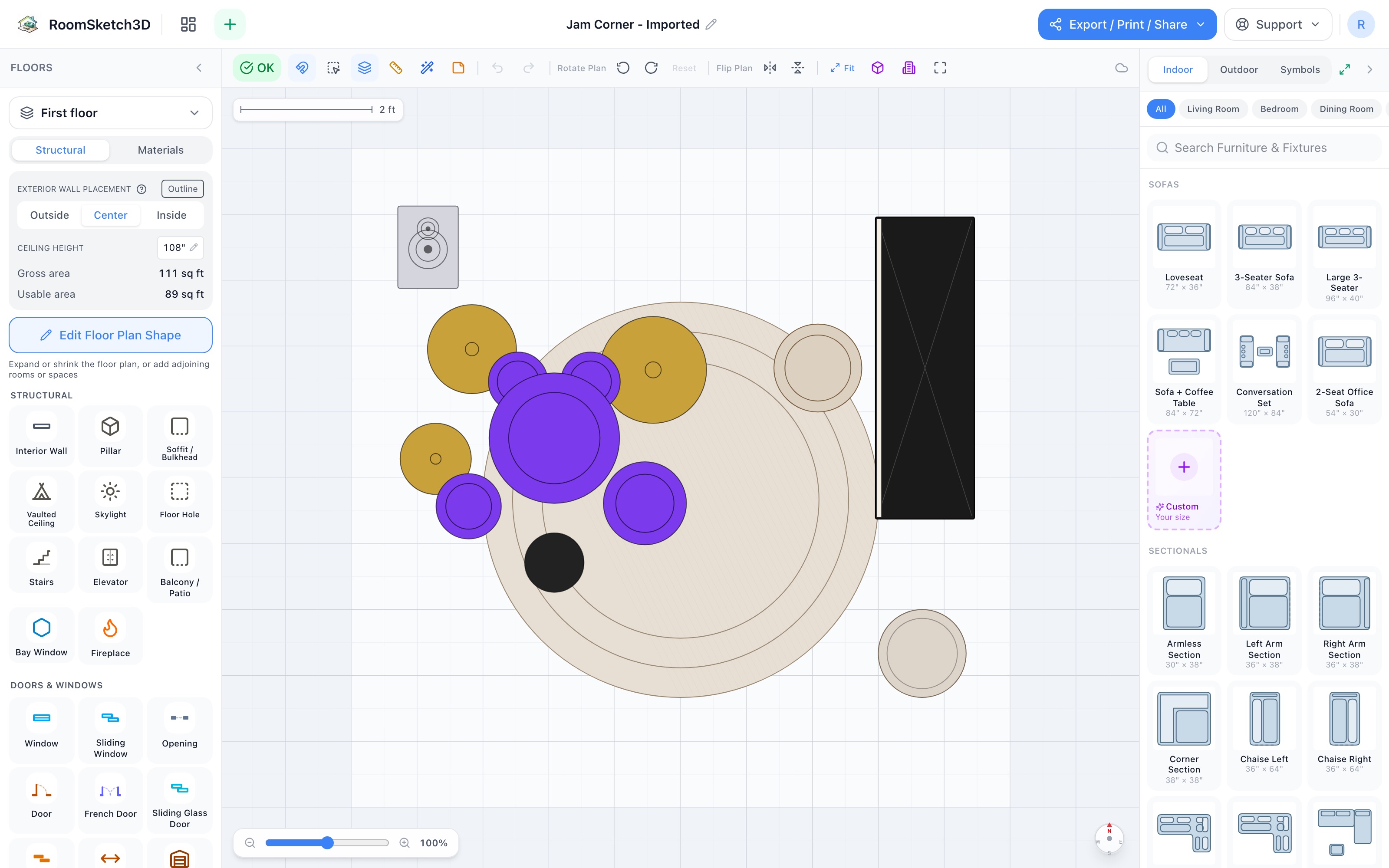The jam corner floor plan in 2D: drum set on the left half of a round rug, digital piano along the right wall with a counter stool at the keys, floor-standing speaker in the top-left corner, and a storage basket at bottom-right — RoomSketch3D floor planner