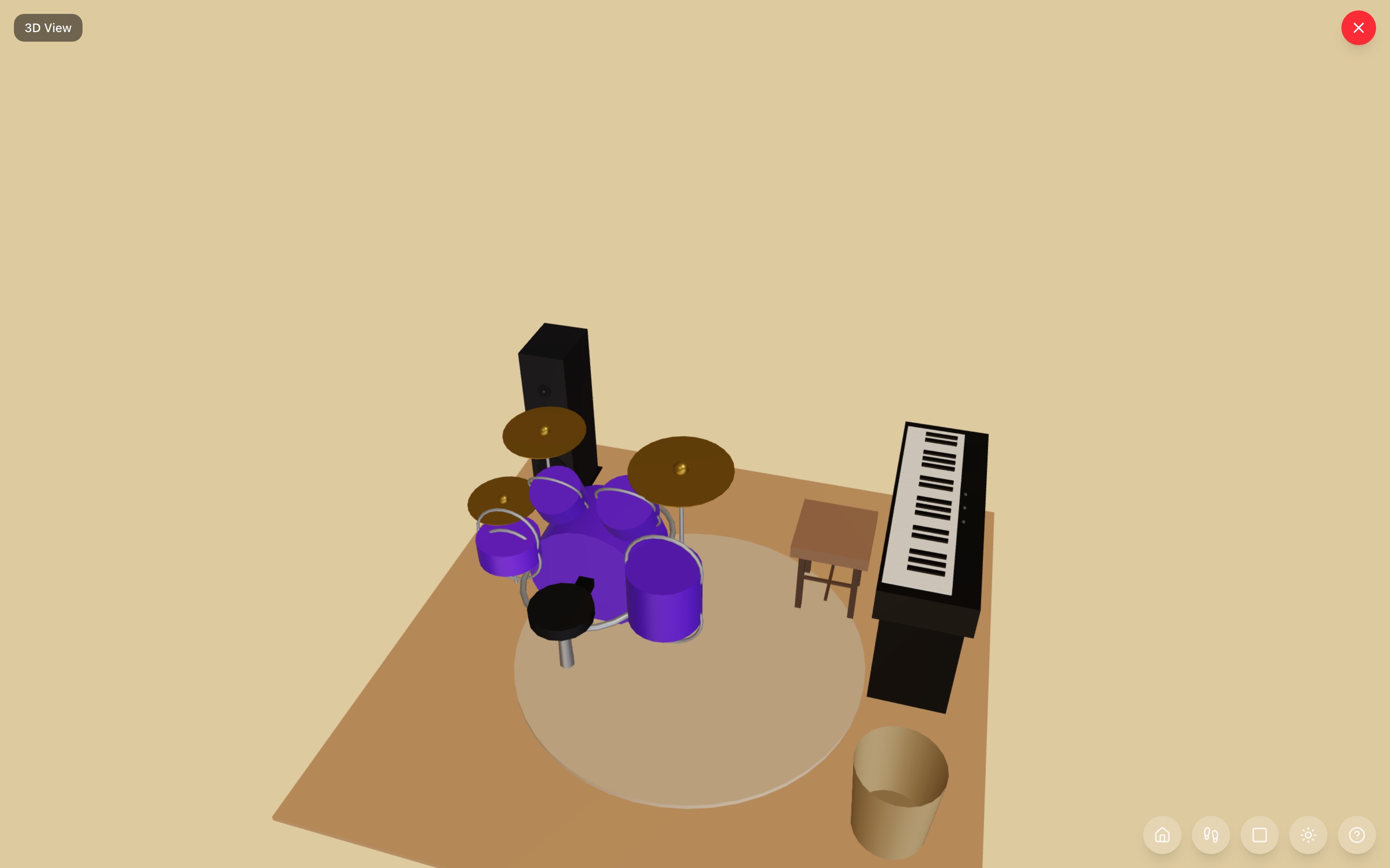 The jam corner in 3D: drum set on a round rug facing a digital piano along the wall, counter stool at the keys, floor-standing speaker in the corner, and a storage basket by the wall — RoomSketch3D floor plan creator