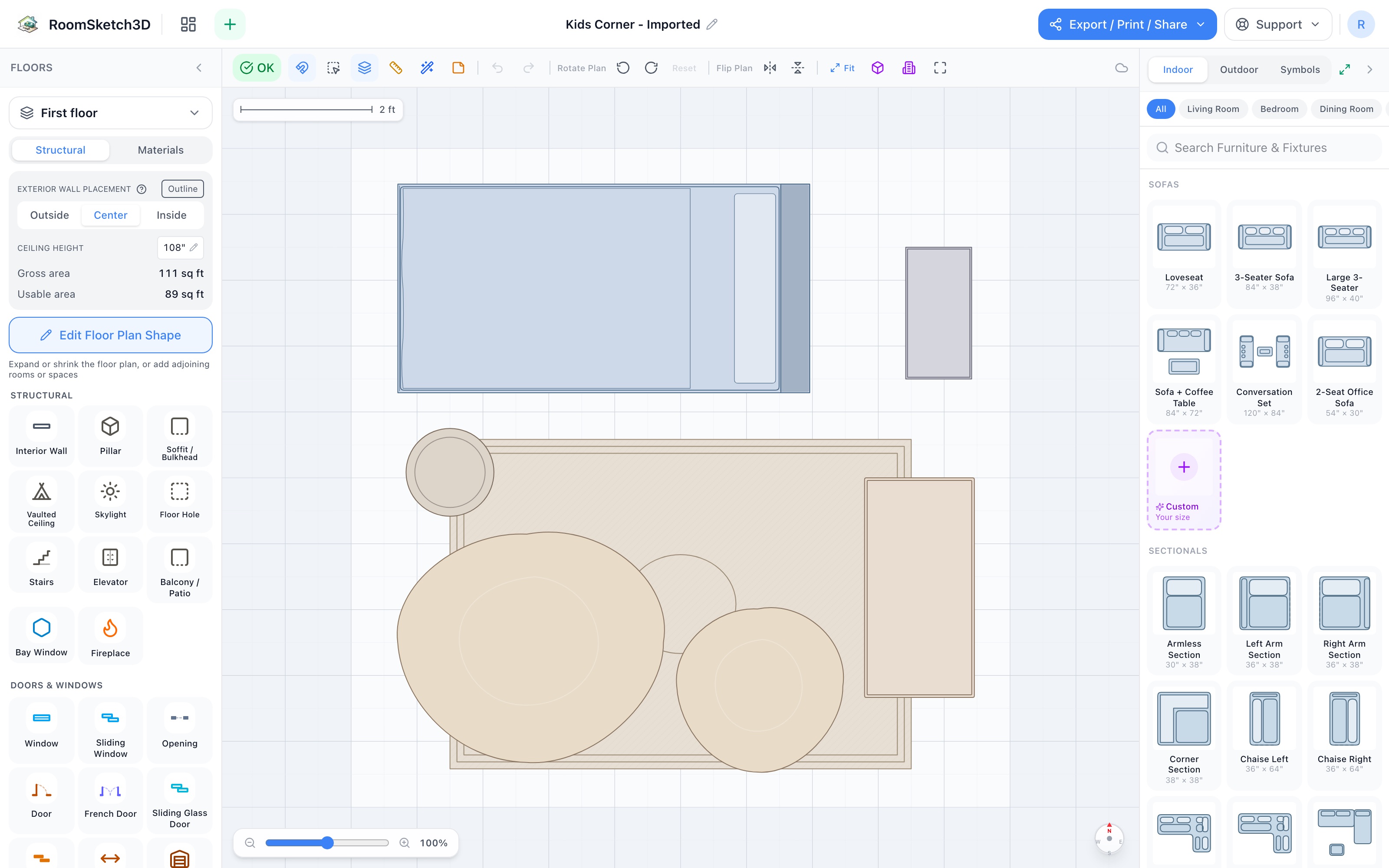 Kids corner floor plan in 2D: twin bed along the far edge, tall bookshelf and small desk down the right, two bean bags on the rug, storage basket at the left — RoomSketch3D floor planner
