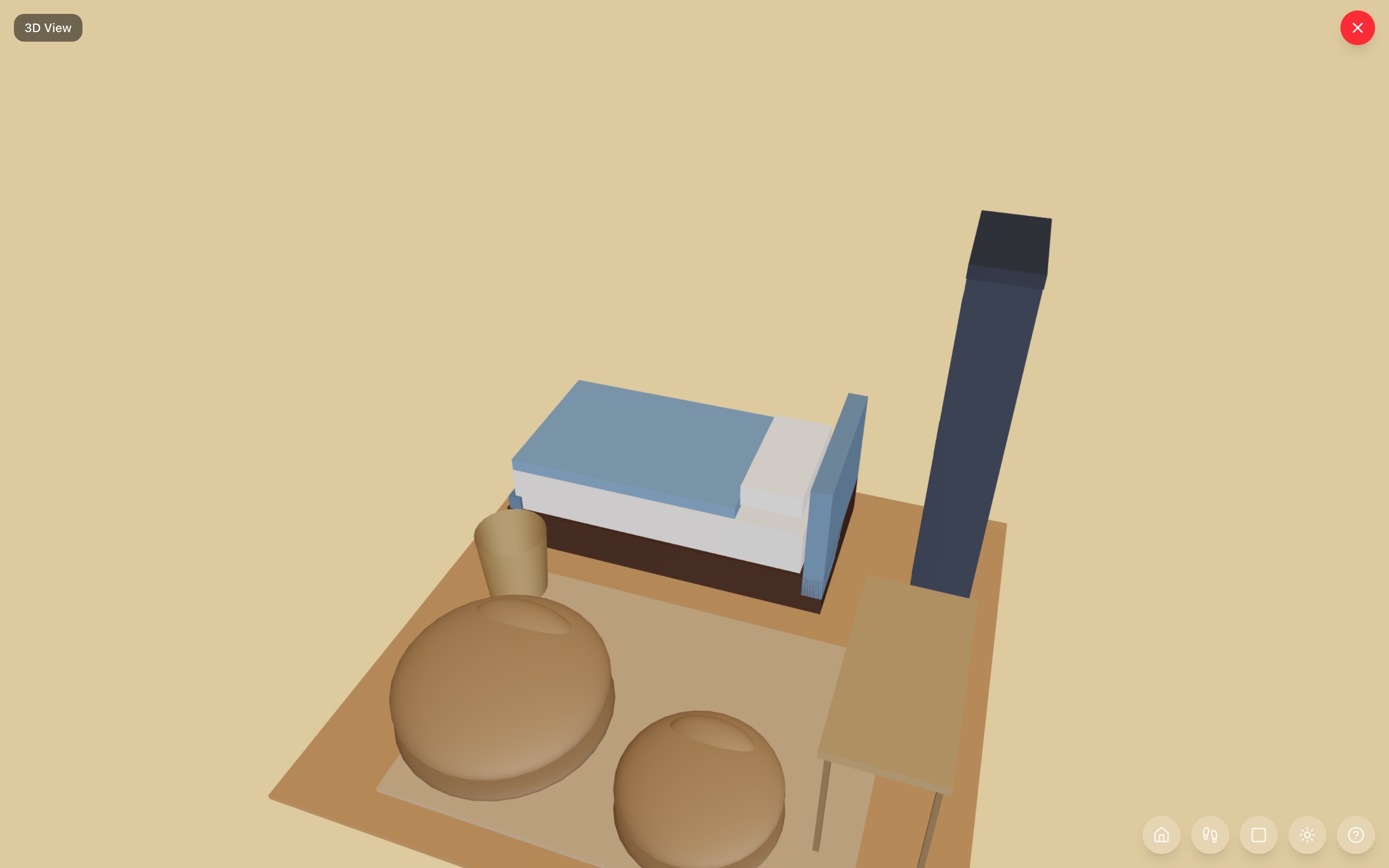 Kids corner in 3D: twin bed along the far wall, tall bookshelf and small desk on the right, two bean bags on a rug, storage basket at the left — RoomSketch3D room planner app