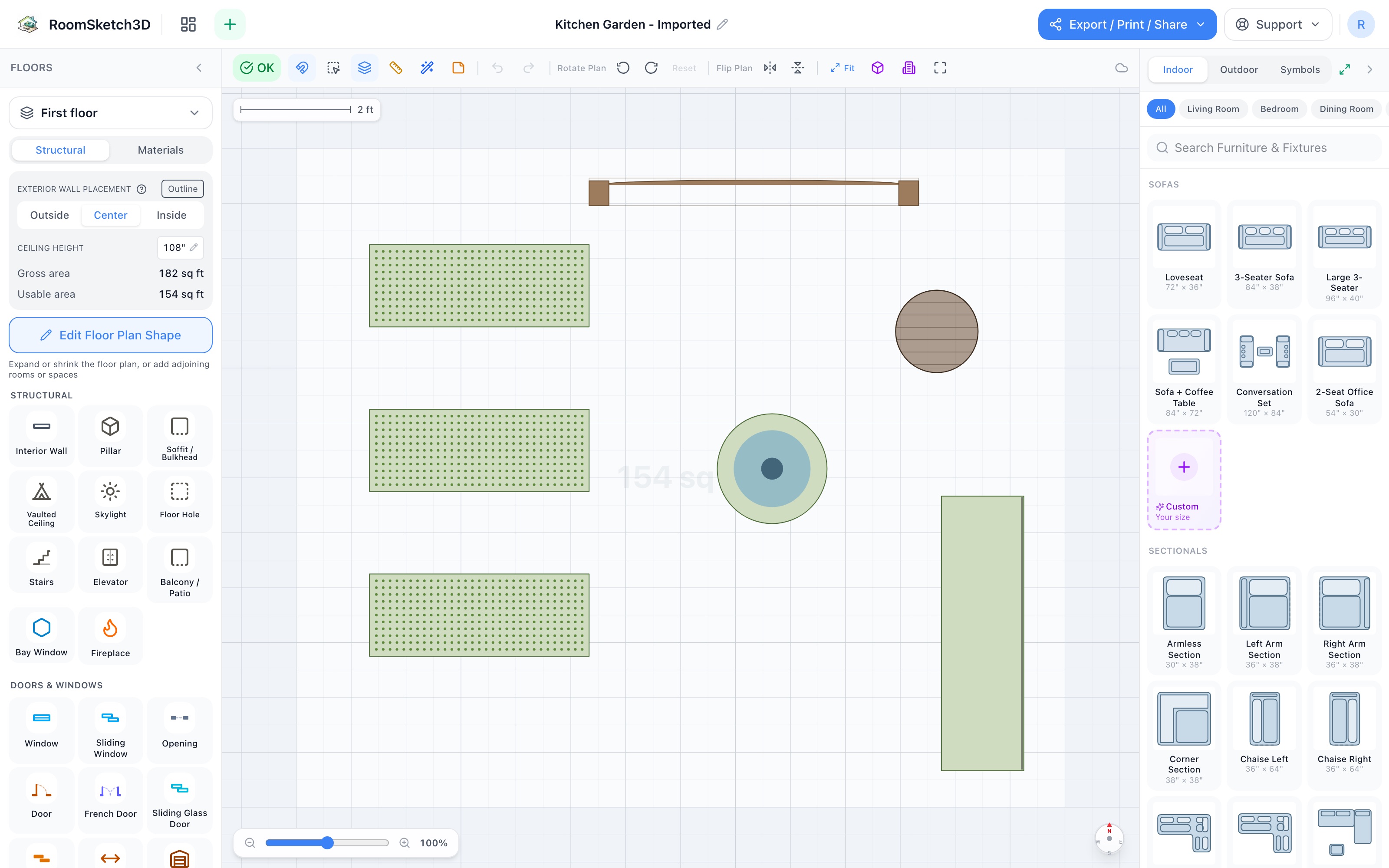 Kitchen garden floor plan in 2D: three 4-foot planter boxes in parallel rows with 18-inch aisles between them, a trellis panel along the top edge, a bird feeder pole in the upper right, a bird bath center-right, and a garden bench on the right edge facing the beds — RoomSketch3D 3D floorplan software