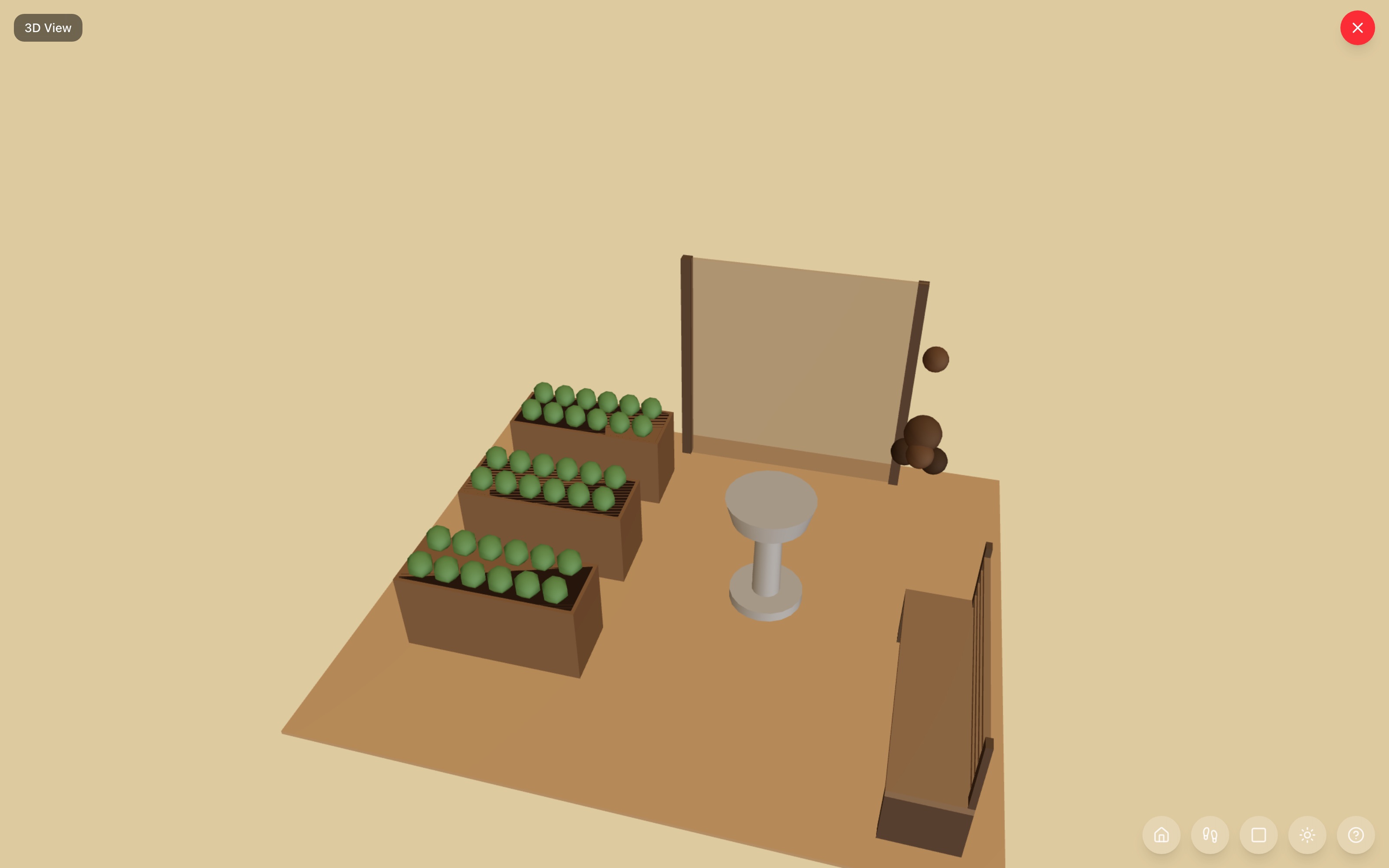 Kitchen garden in 3D: three raised planter boxes in rows with working aisles between them, a 6-foot trellis panel on the far edge, a bird feeder pole and bird bath to the right, and a garden bench facing the beds — RoomSketch3D room planner app