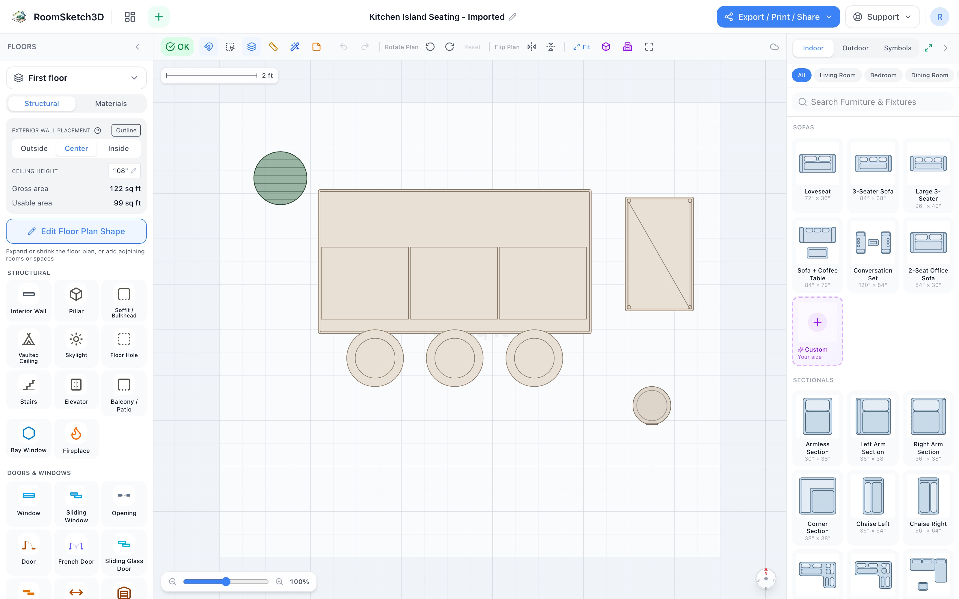 Kitchen island seating floor plan: island with three stools in the center, kitchen cart against the right wall, step trash can nearby, small plant in the far corner — RoomSketch3D floor planner