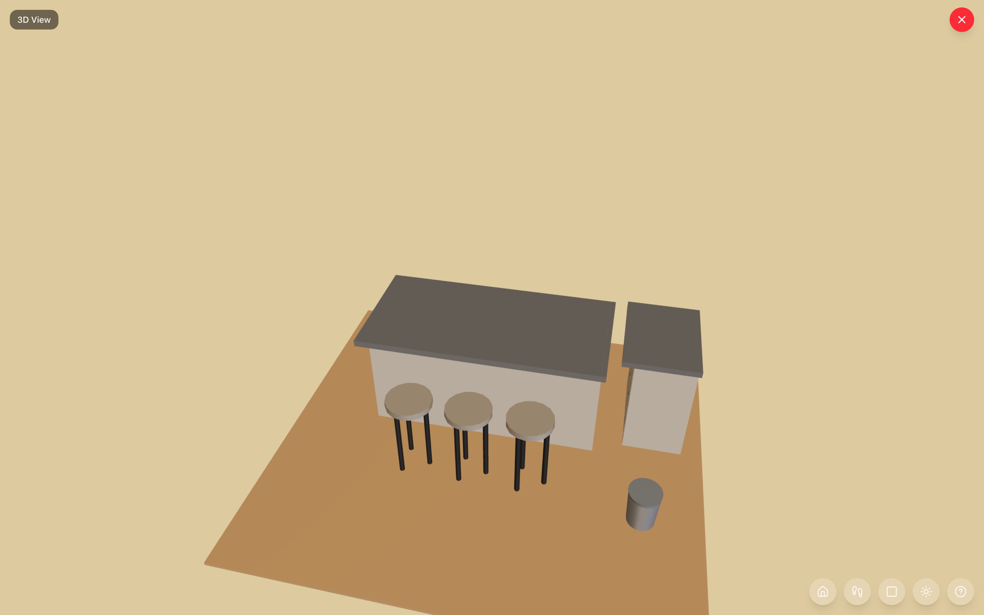 Kitchen island seating in 3D: island with three stools, rolling kitchen cart at the wall, step trash can, small plant in the corner — RoomSketch3D room planner app