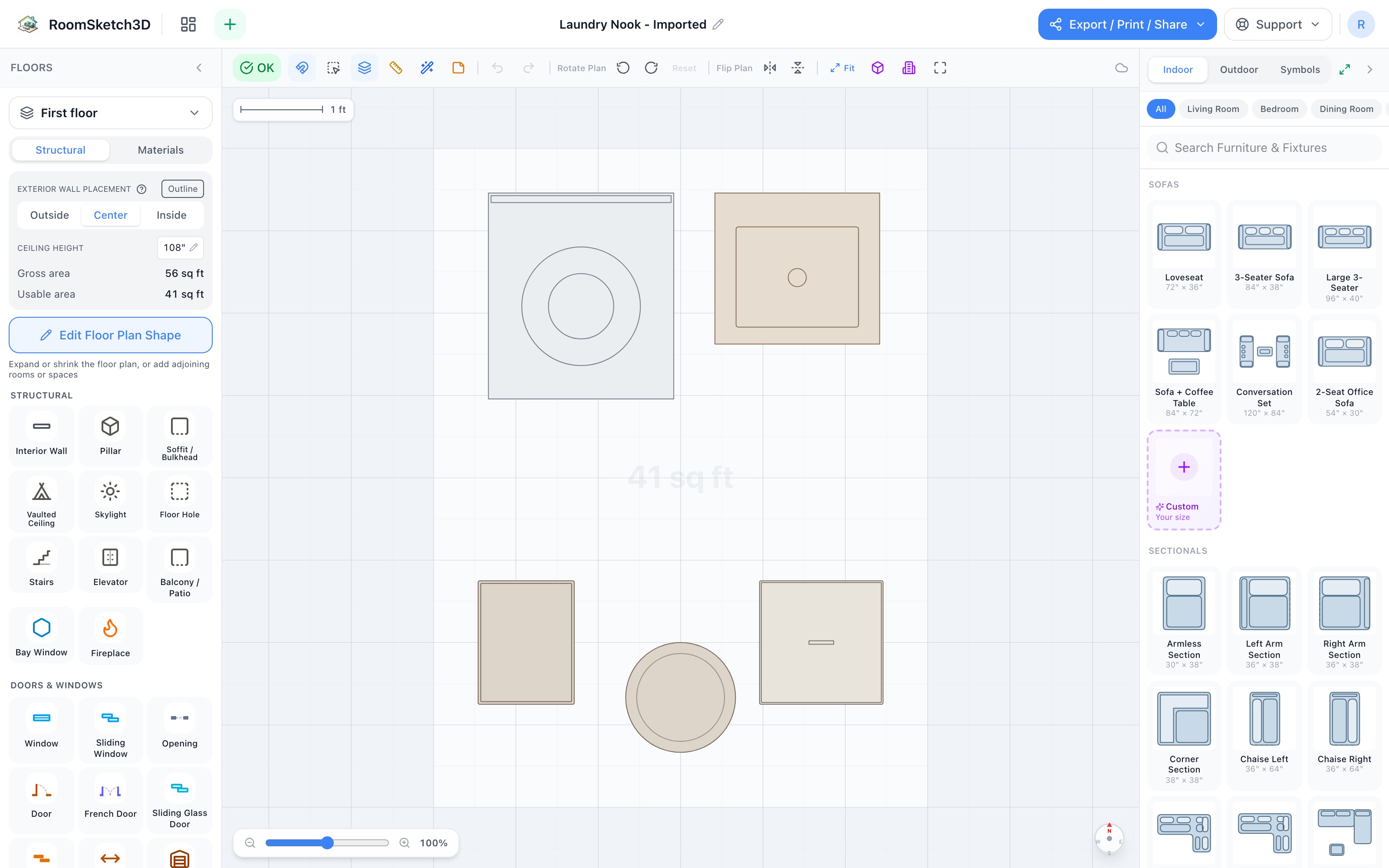 Laundry nook floor plan in 2D: stackable washer and dryer and utility sink on the far wall, hamper cabinet and narrow cabinet down the side edges, storage basket at the end of the open middle lane — RoomSketch3D 3D floorplan software