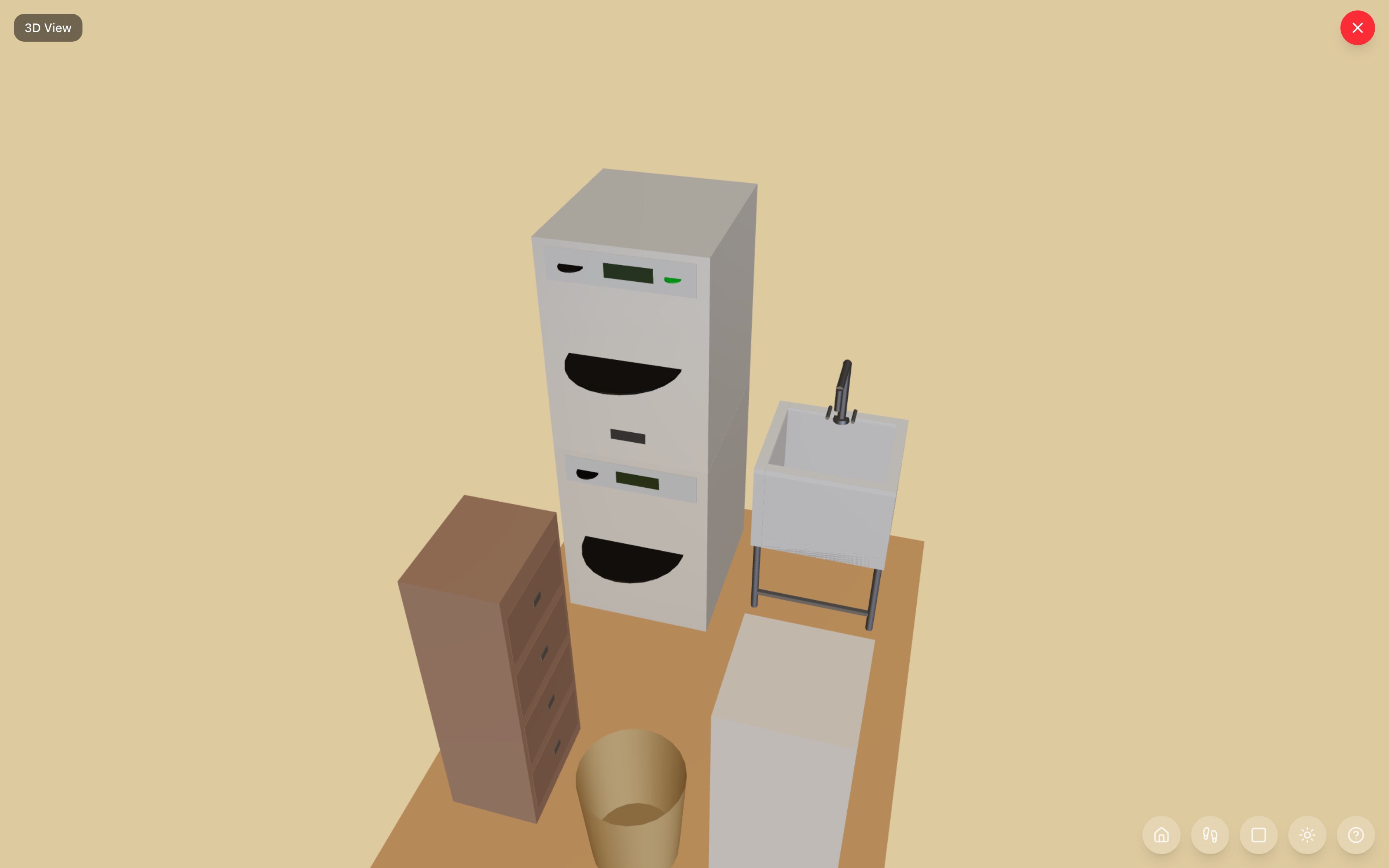 The laundry nook in 3D: stacked washer and dryer beside a utility sink, narrow detergent cabinet and hamper cabinet along the sides, storage basket at the end of the open lane — RoomSketch3D floor plan creator