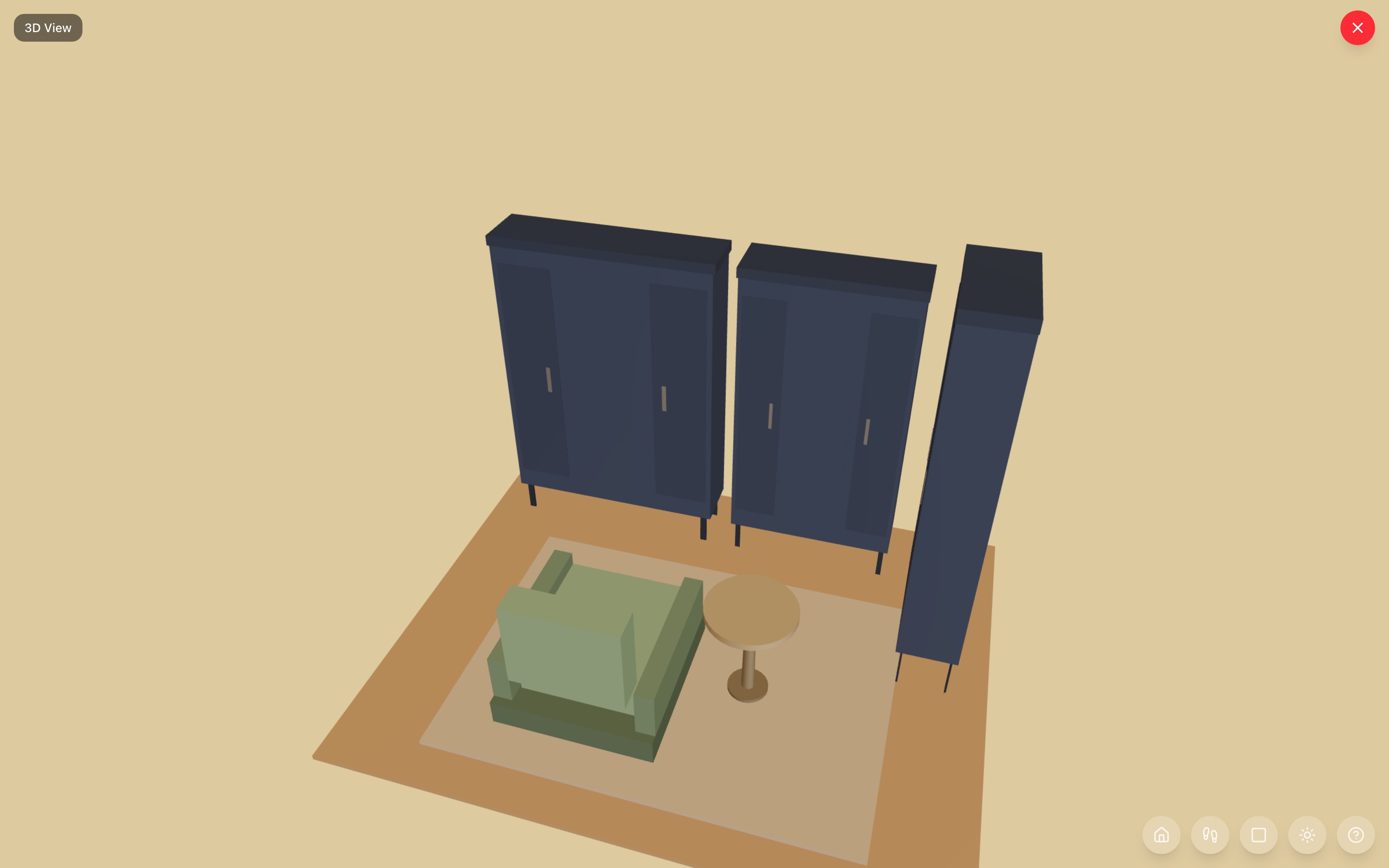 Library wall in 3D: wide and standard bookshelves flush in a run, tall bookshelf closing the corner, reading chair facing the collection with a round end table on a rug — RoomSketch3D floor plan creator