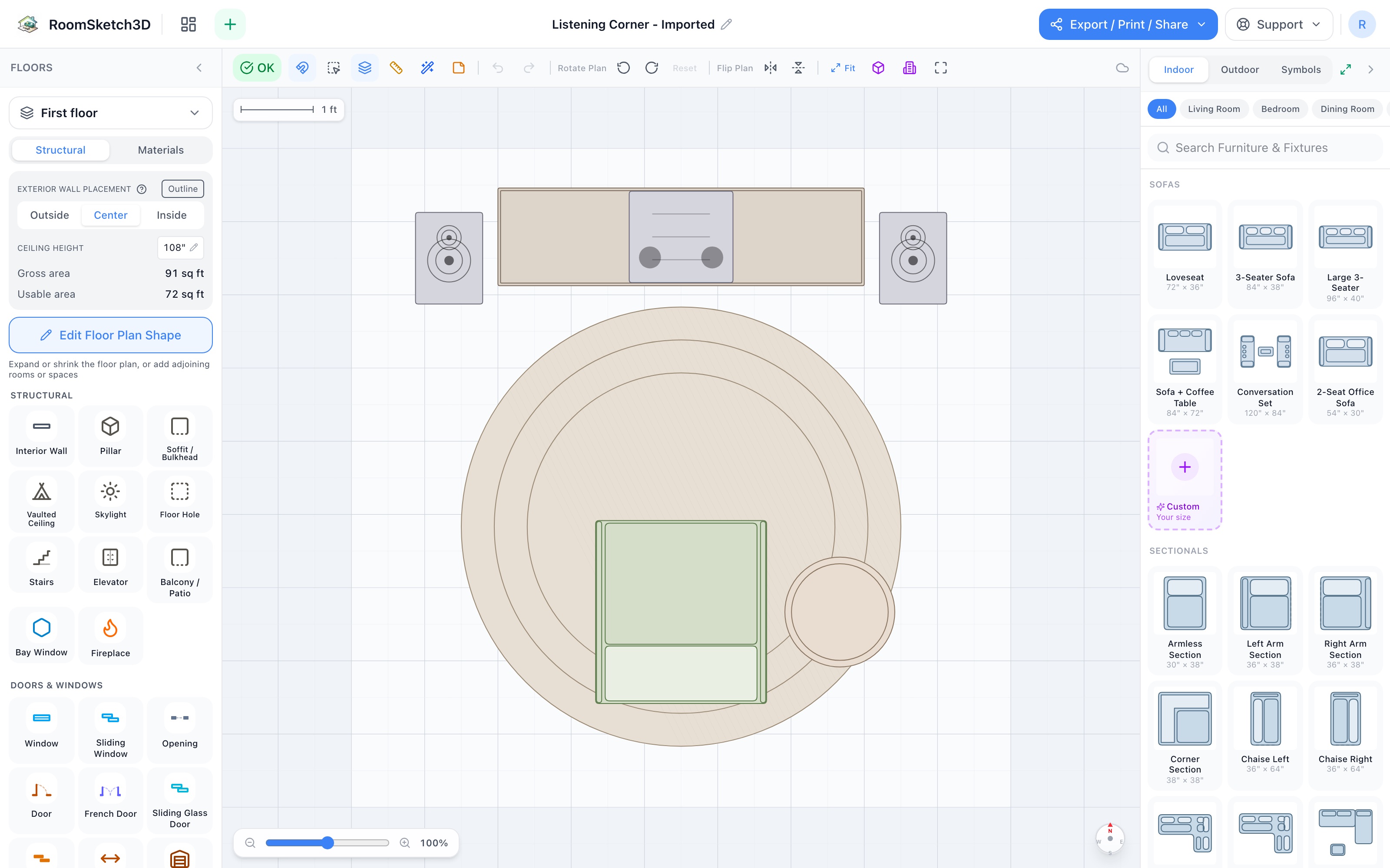 Listening corner floor plan: credenza with AV receiver centered on the far wall, tower speakers flanking it at each side, accent chair facing them across a round rug with an end table beside it — RoomSketch3D floor plan creator