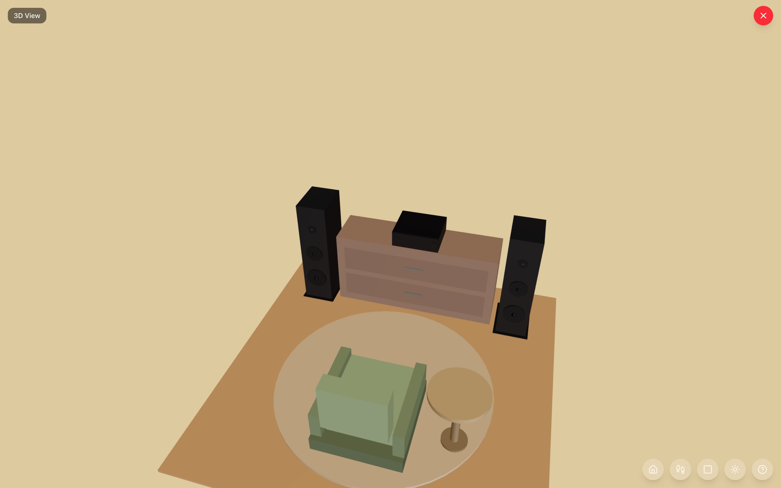 Listening corner in 3D: credenza with the AV receiver on top, two floor-standing tower speakers flanking it, and an accent chair facing them across a round rug with a round end table alongside — RoomSketch3D floor planner