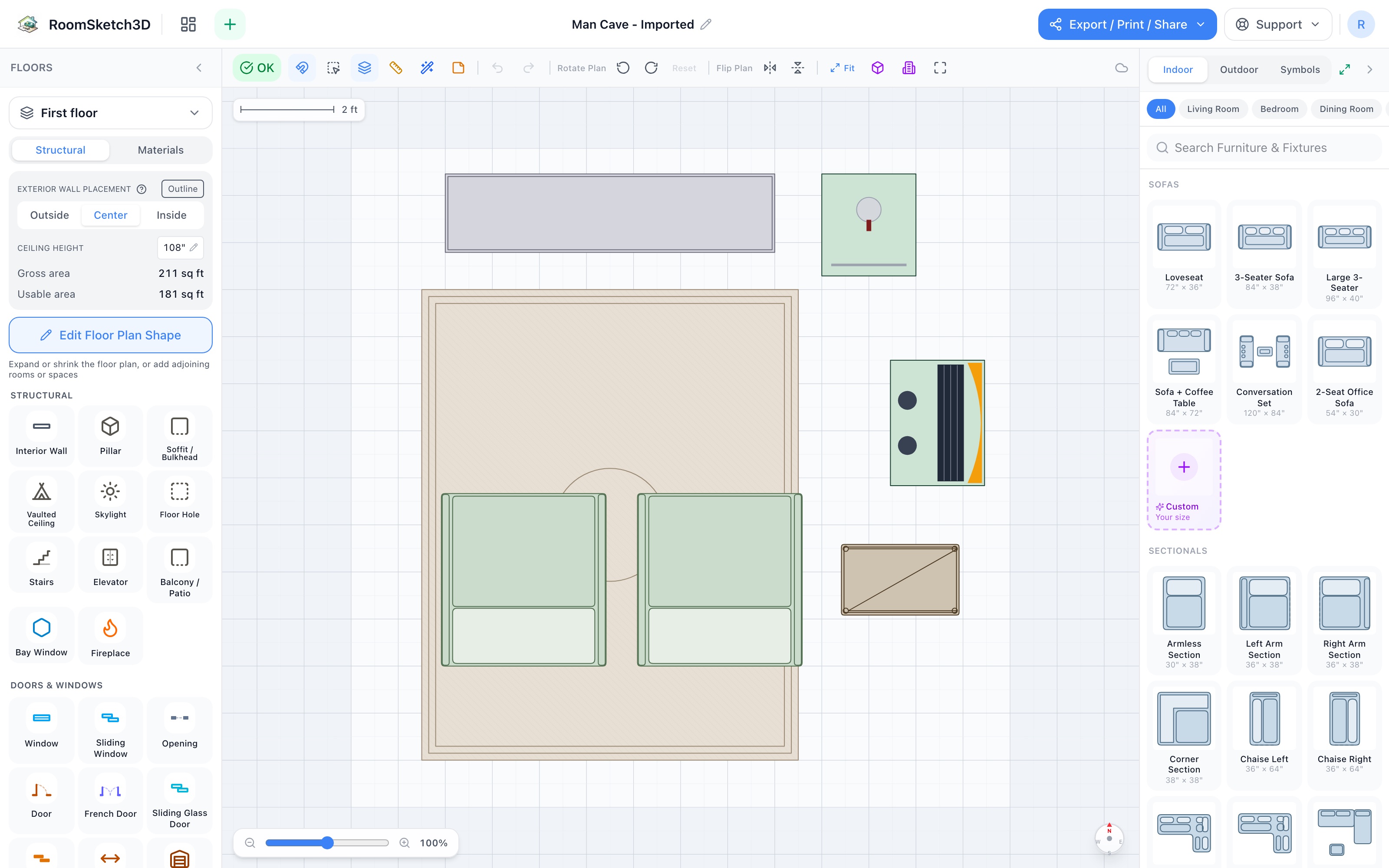 Man cave floor plan in 2D: an 84-inch entertainment center centered on the top edge, two oversized recliners side by side at 46 inches, kegerator to the right of the screen wall, jukebox angled off the right edge with a bar cart at the corner, all on an 8x10 rug — RoomSketch3D floor plan creator