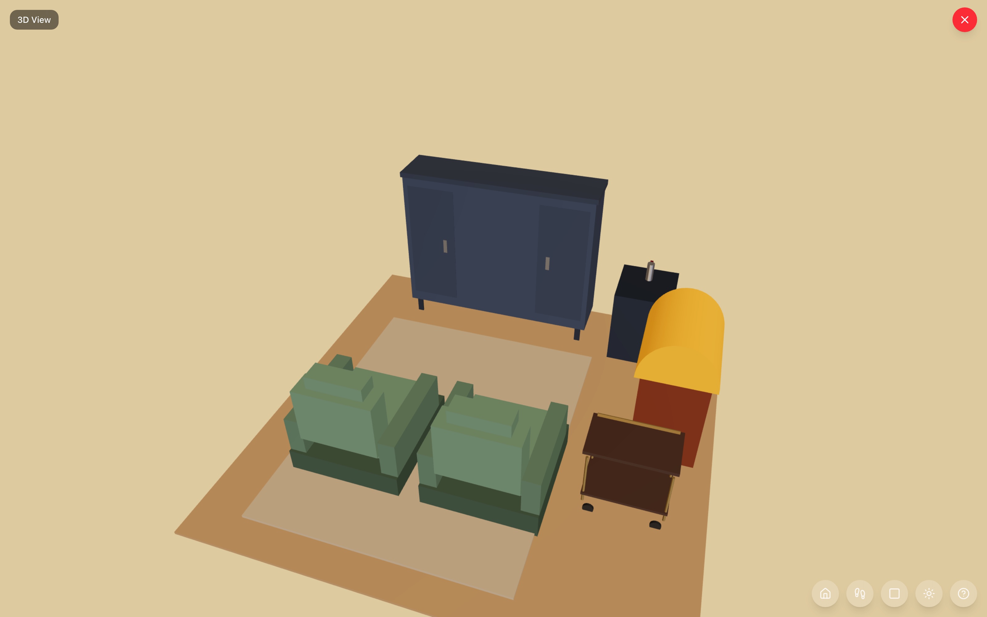 Man cave in 3D: two oversized recliners on an 8x10 rug facing the 84-inch entertainment center, kegerator to the right of the screen wall, glowing jukebox angled off the right edge with a bar cart parked at the corner — RoomSketch3D floor plan creator