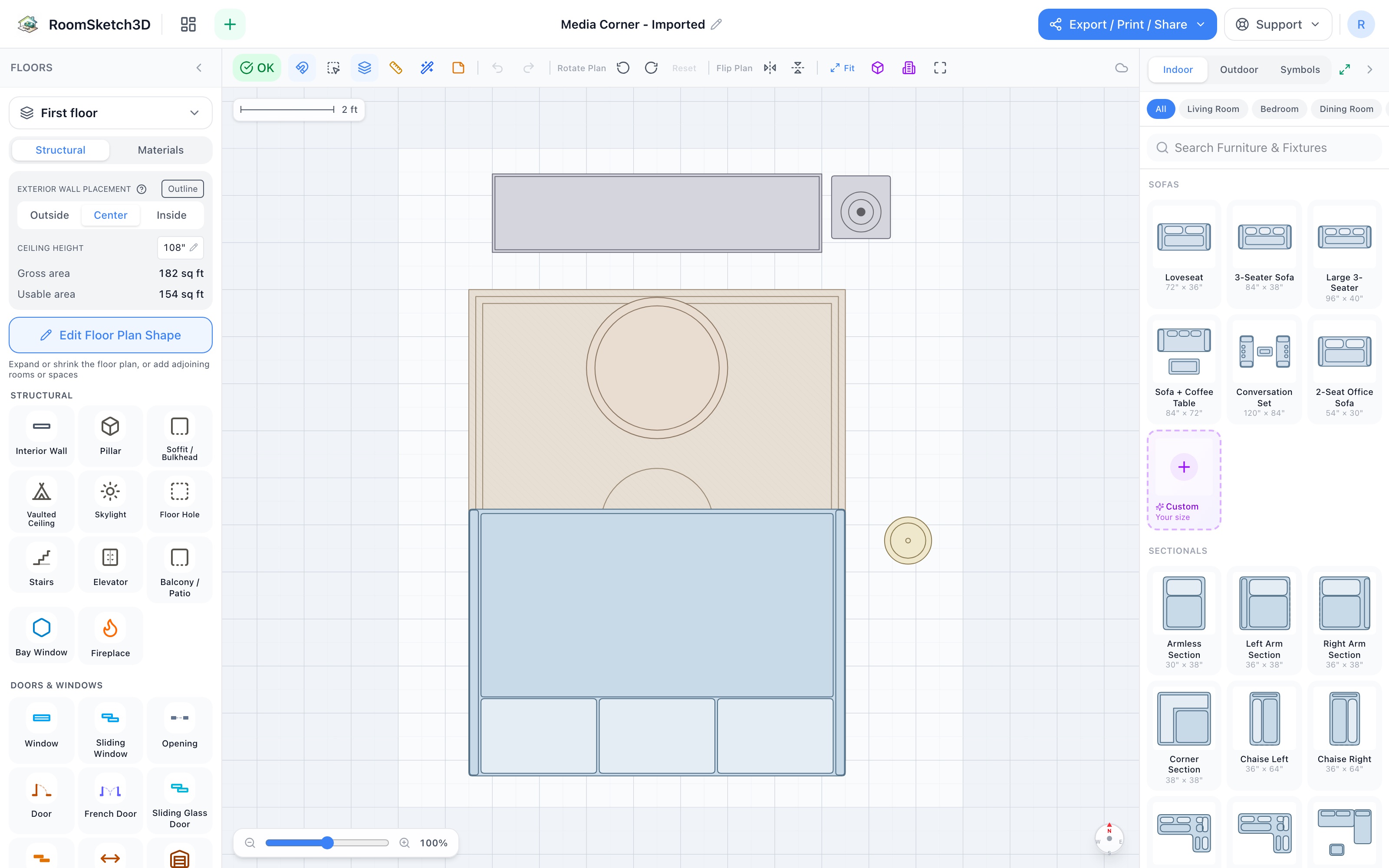 Media corner floor plan: entertainment center and subwoofer on the far wall, round coffee table, L-sectional facing the screen, floor lamp behind — RoomSketch3D room planner app