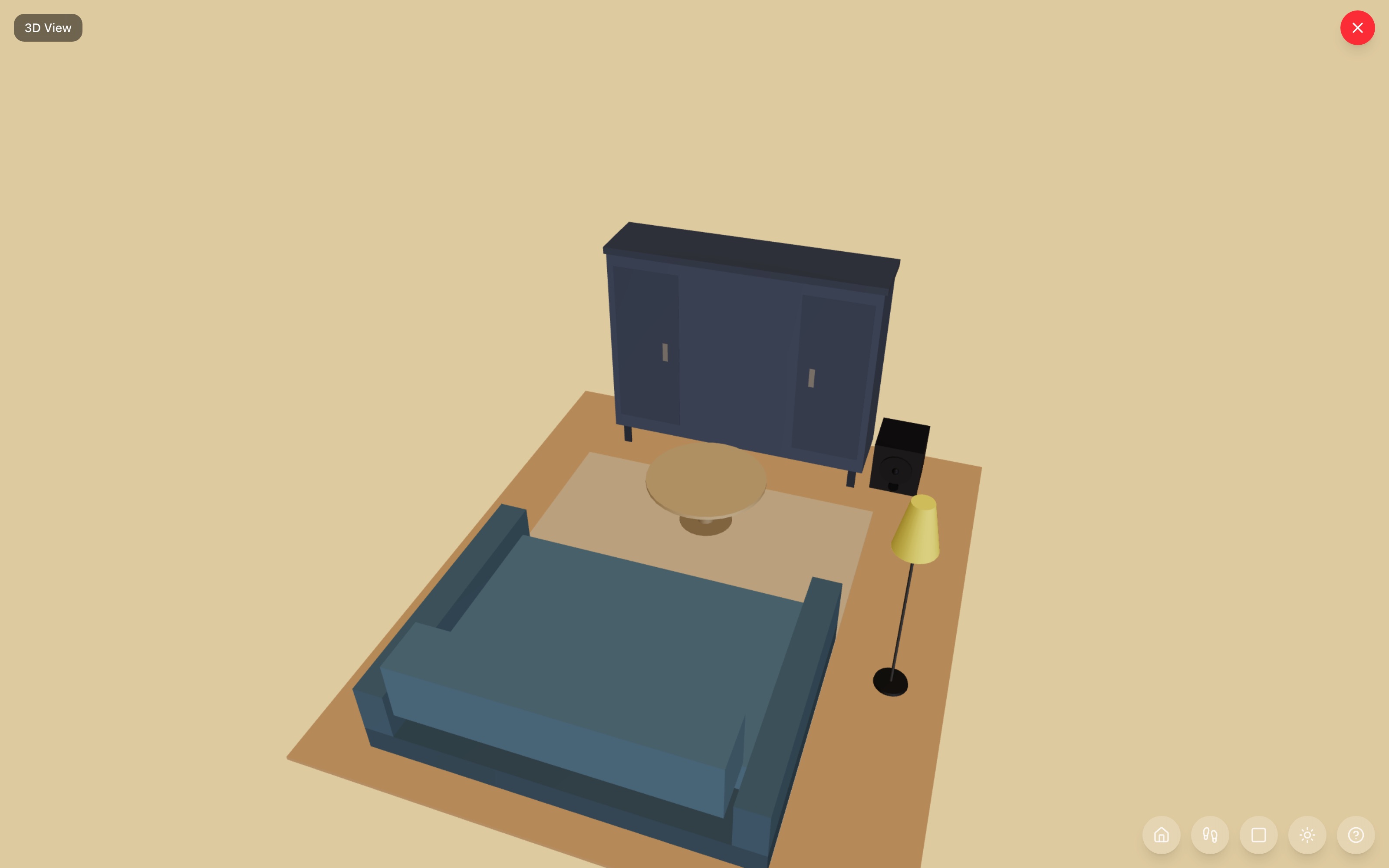 Media corner in 3D: entertainment center, subwoofer, L-sectional facing the screen across a round coffee table, floor lamp behind — RoomSketch3D floor planner