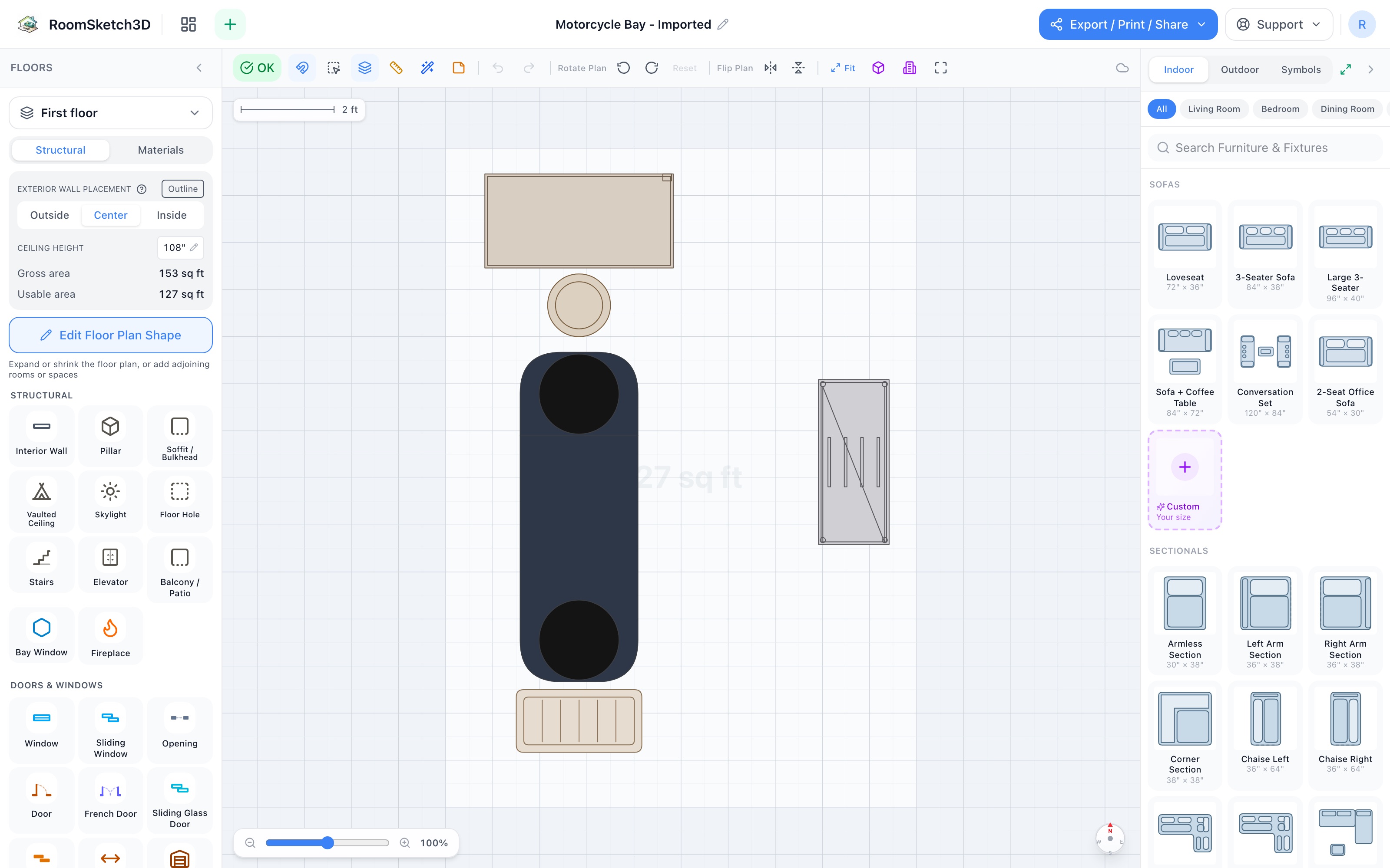 Motorcycle bay floor plan in 2D: the bike parked nose-in along the left side with a 3-foot wrench lane on its right, small workbench and counter stool on the top wall, rolling tool cabinet on the right wall, boot tray under the bike — RoomSketch3D home design app