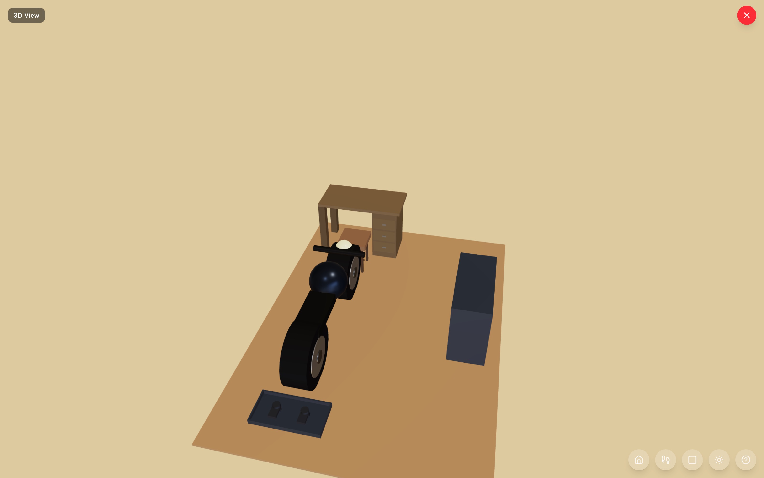 Motorcycle bay in 3D: the bike parked nose-in over a boot tray, small workbench with counter stool on the far wall, rolling tool cabinet against the right wall facing the open wrench lane — RoomSketch3D floor planner