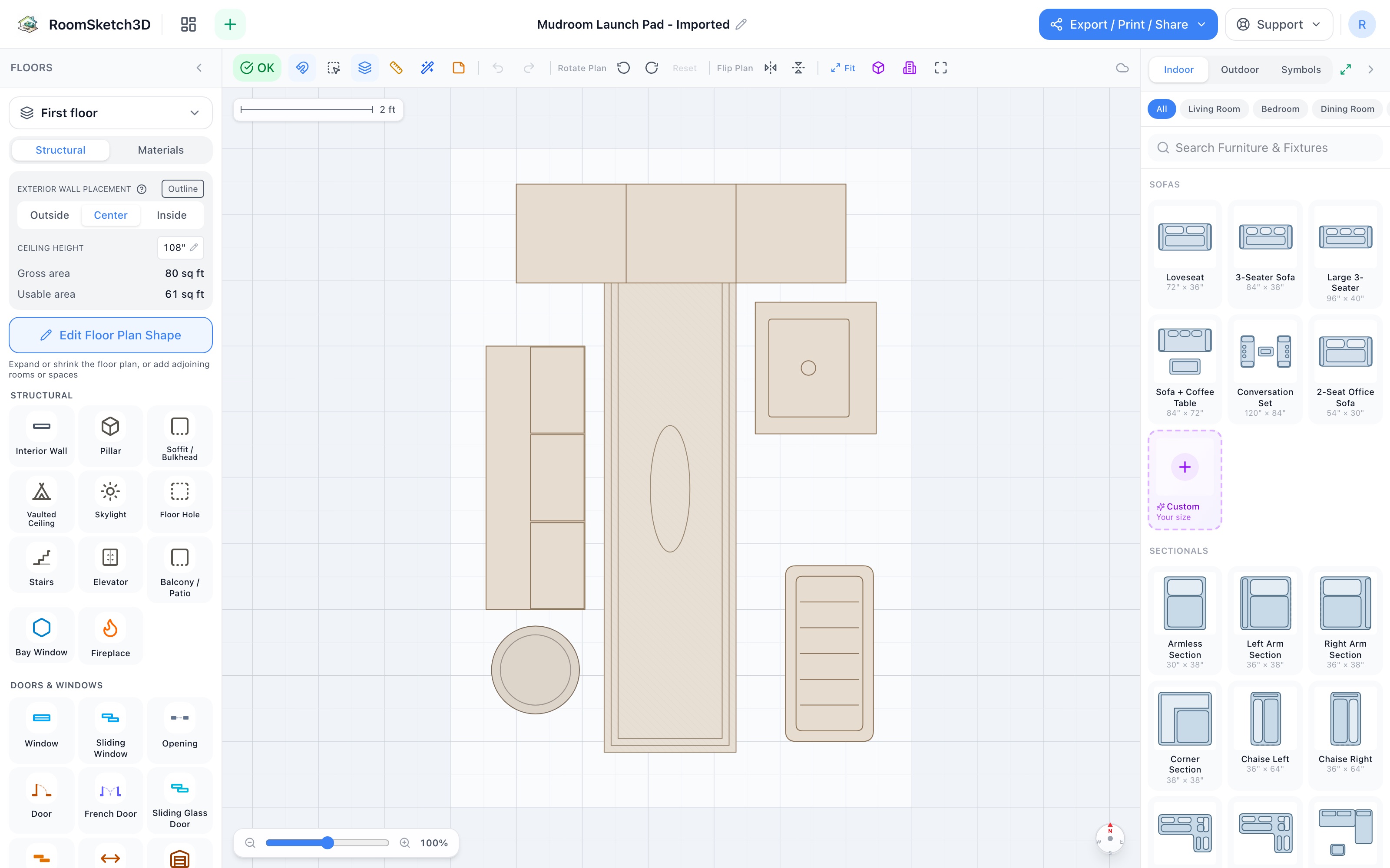 Mudroom floor plan: lockers on the far wall, cubby bench left, utility sink right, runner down the middle, boot tray by the door — RoomSketch3D room planner app