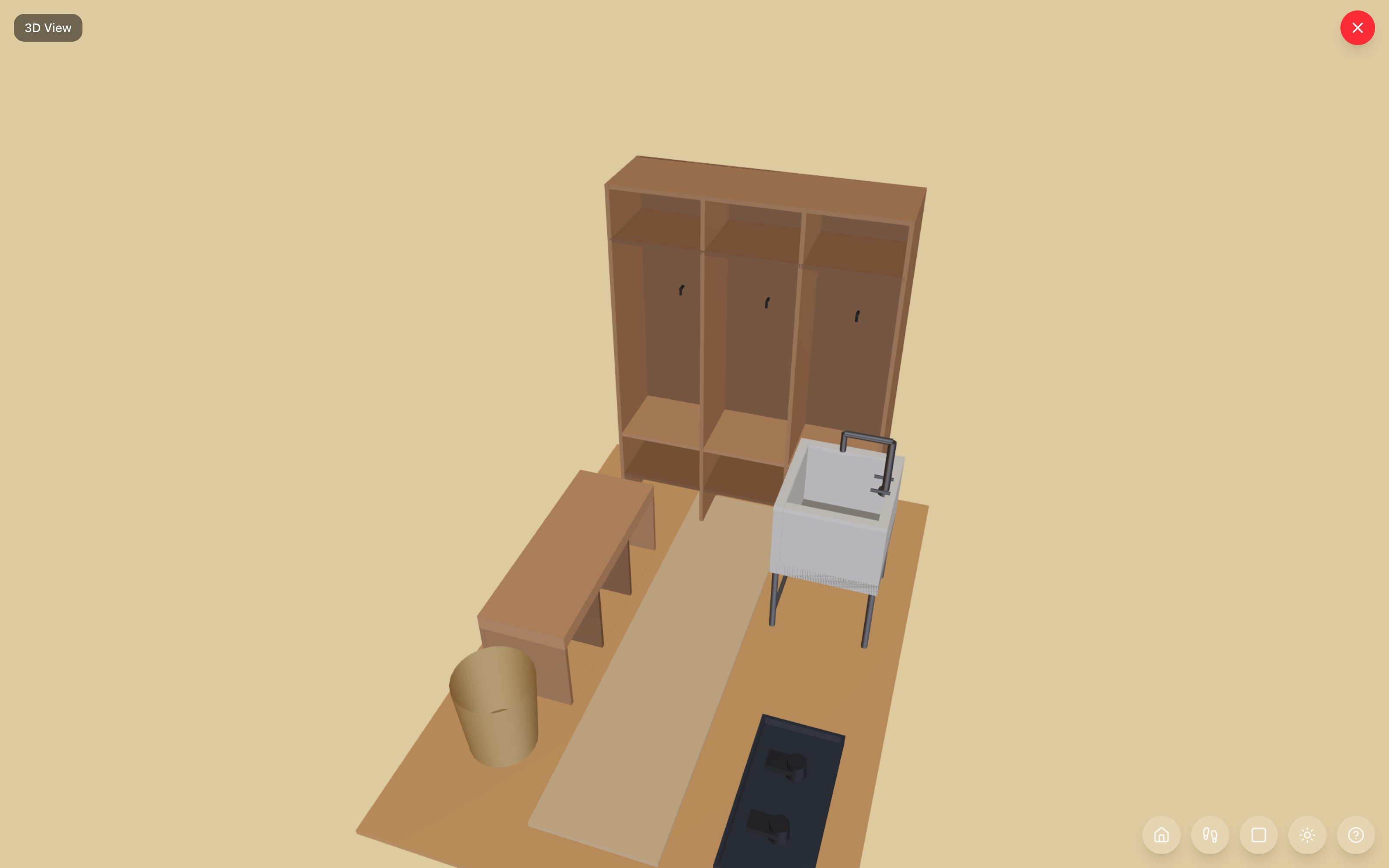 Mudroom in 3D: lockers with hooks, cubby bench, utility sink with faucet, runner, boot tray with boots — RoomSketch3D 3D floorplan software